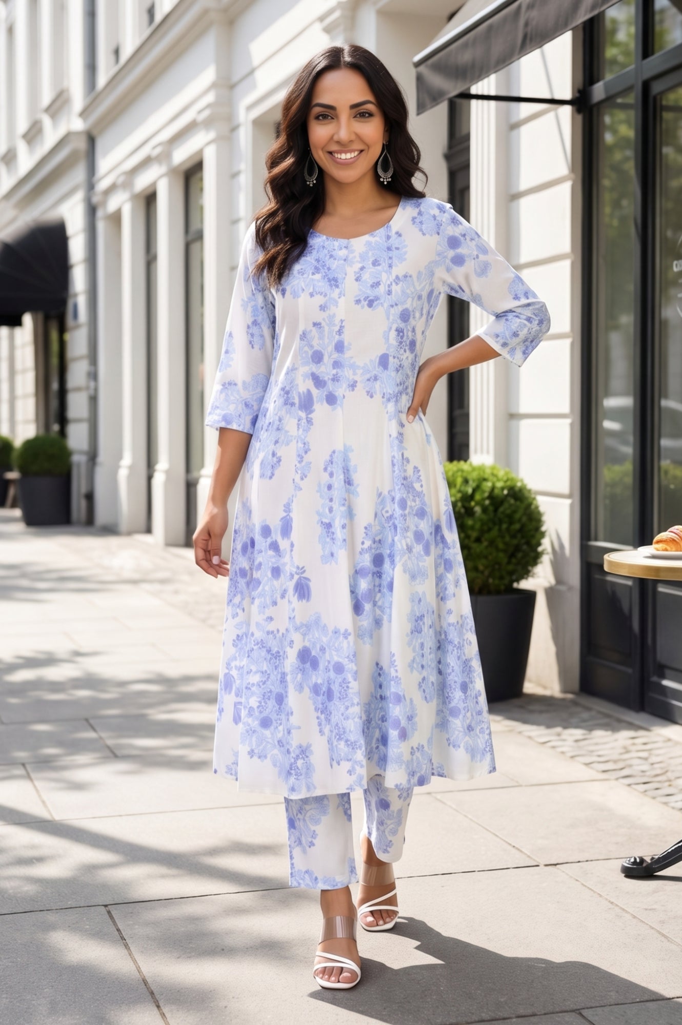 White Floral Printed Flared Kurta and Pants Co-ord Set