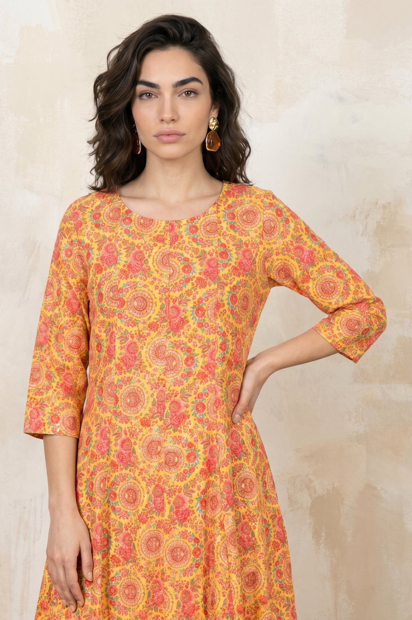 Yellow Floral Printed Rayon Flared Kurta With Pants Co-ord Set