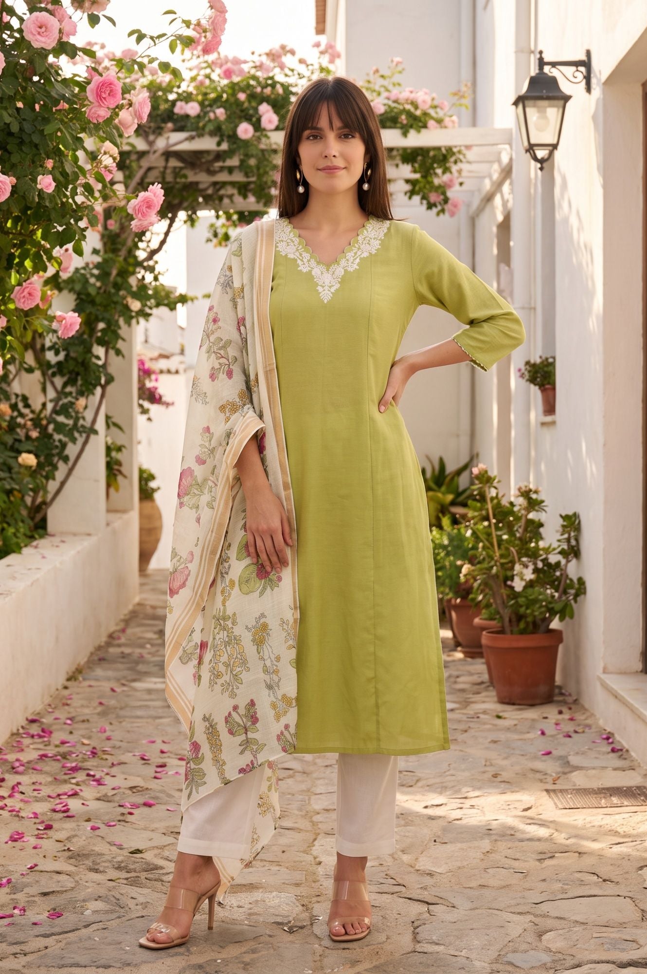 Lime Green Thread Embroidered Cotton Flax A-line Kurta with Straight Pants and Dupatta Set