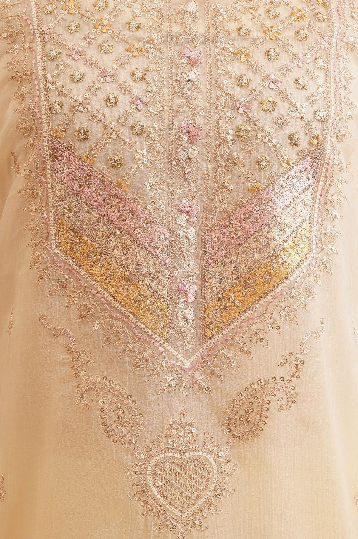 Off White Sequins Embroidered Chiffon Straight Kurta with Straight Pants and Dupatta Set