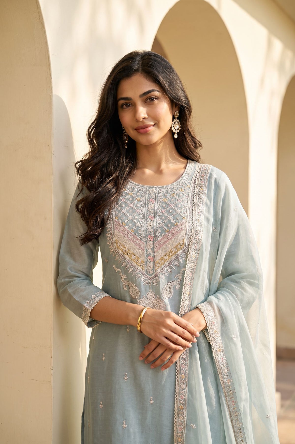 Blue Thread Embroidered Silver Linen Straight Kurta with Straight Pants and Dupatta Set