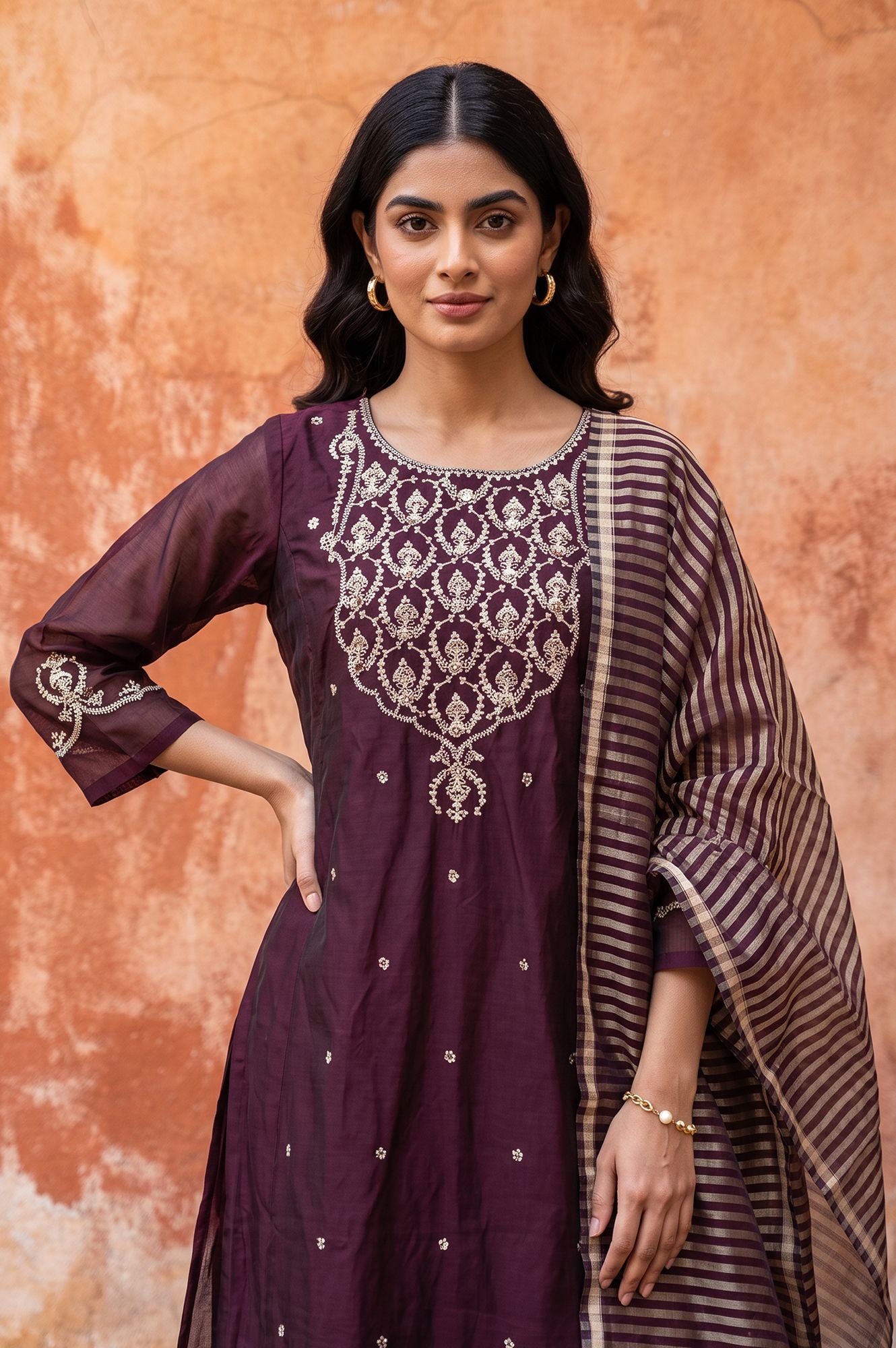 Purple Zari Embroidered Chanderi Straight Kurta with Pants and Dupatta Set