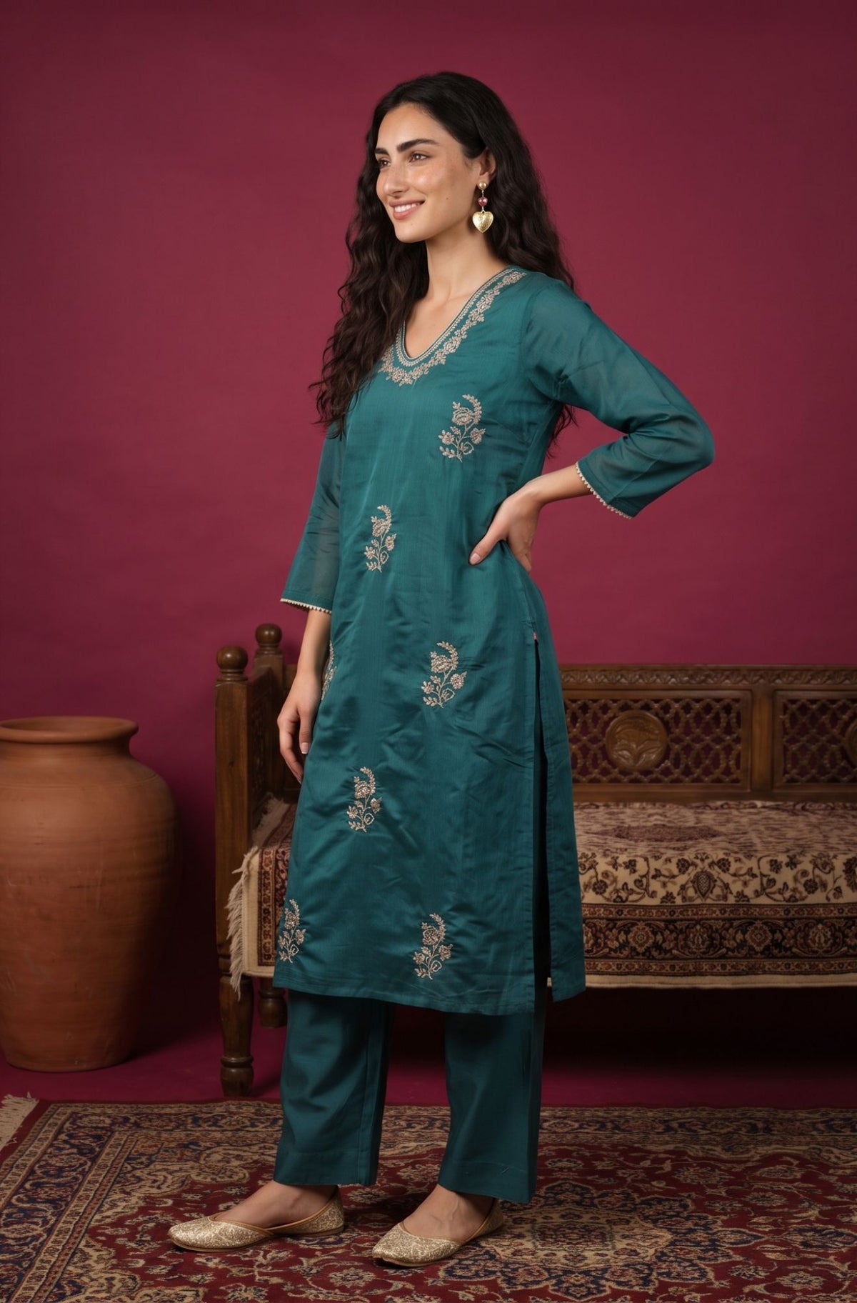 Teal Zari Embroidered Chanderi Straight Kurta with Flared Pants and Dupatta Set