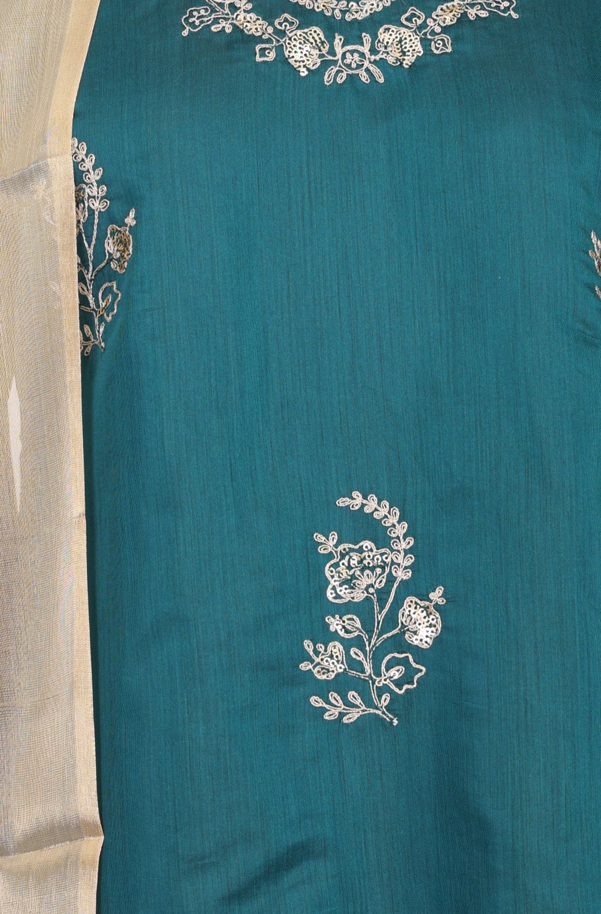 Teal Zari Embroidered Chanderi Straight Kurta with Flared Pants and Dupatta Set