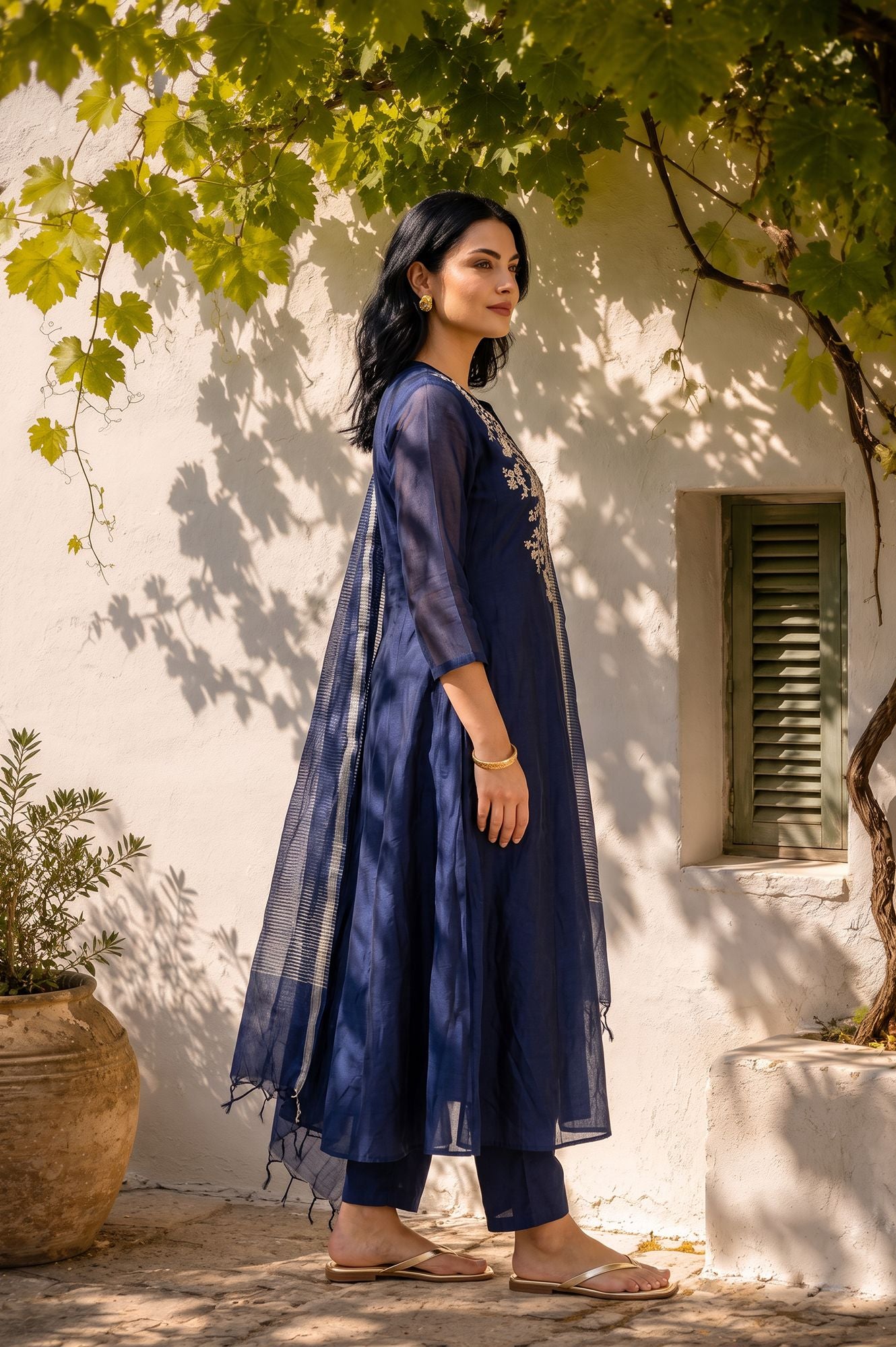 Navy Blue Thread Embroidered Straight Kurta with Pants and Dupatta Set