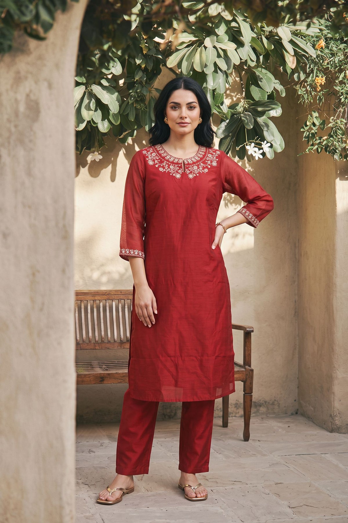 Maroon Embroidered Chanderi Straight Kurta with Pants Co-ord Set