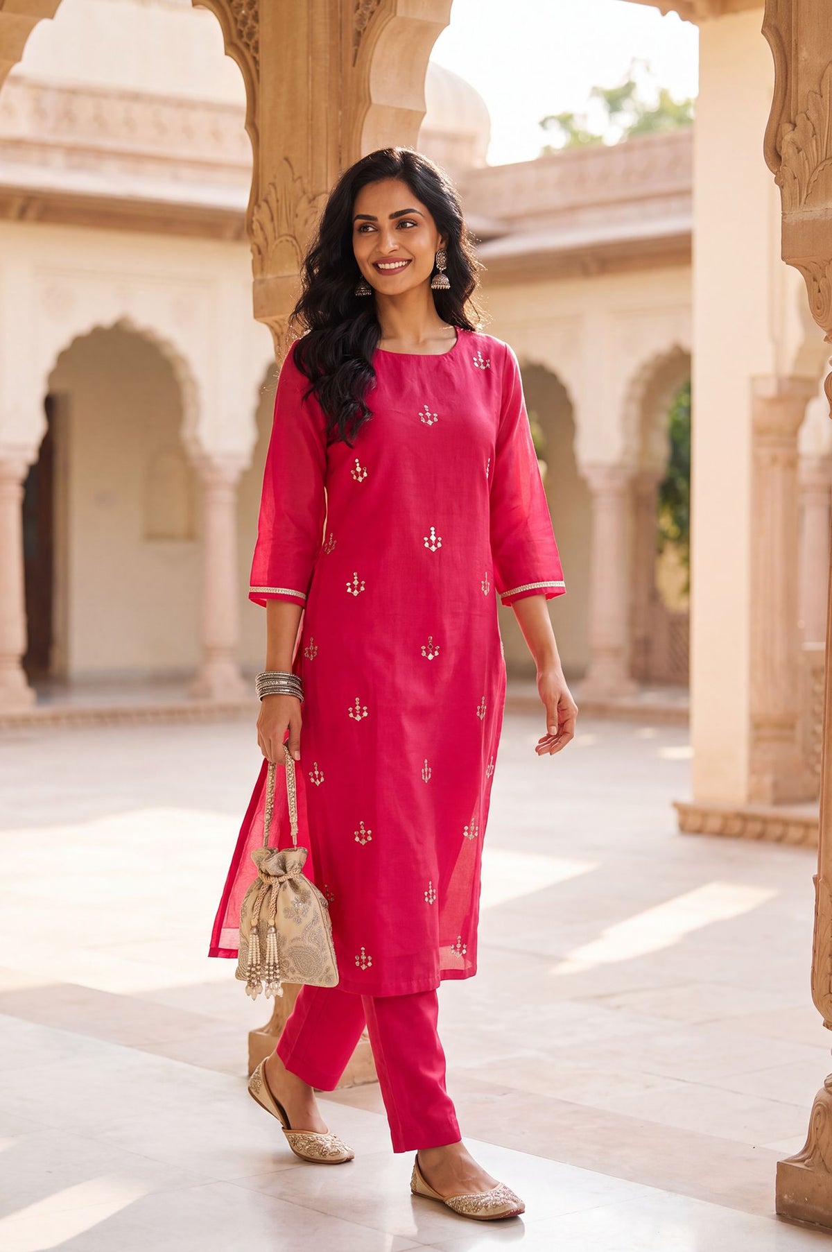 Pink Zari Embroidered Chanderi Straight Kurta with Straight Pants Set