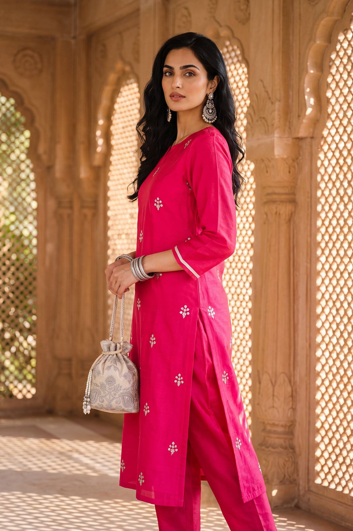 Pink Zari Embroidered Chanderi Straight Kurta with Straight Pants Set
