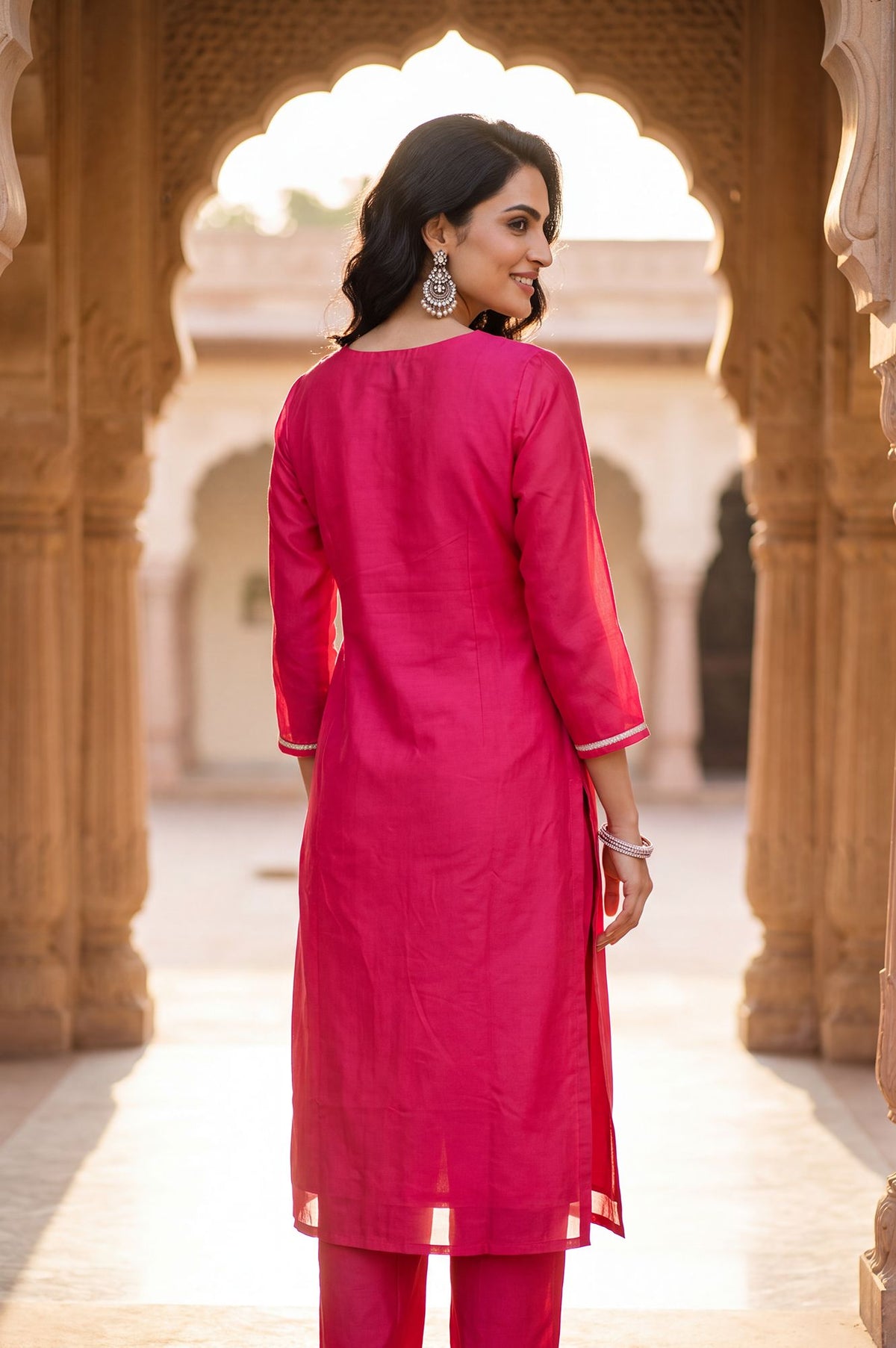 Pink Zari Embroidered Chanderi Straight Kurta with Straight Pants Set