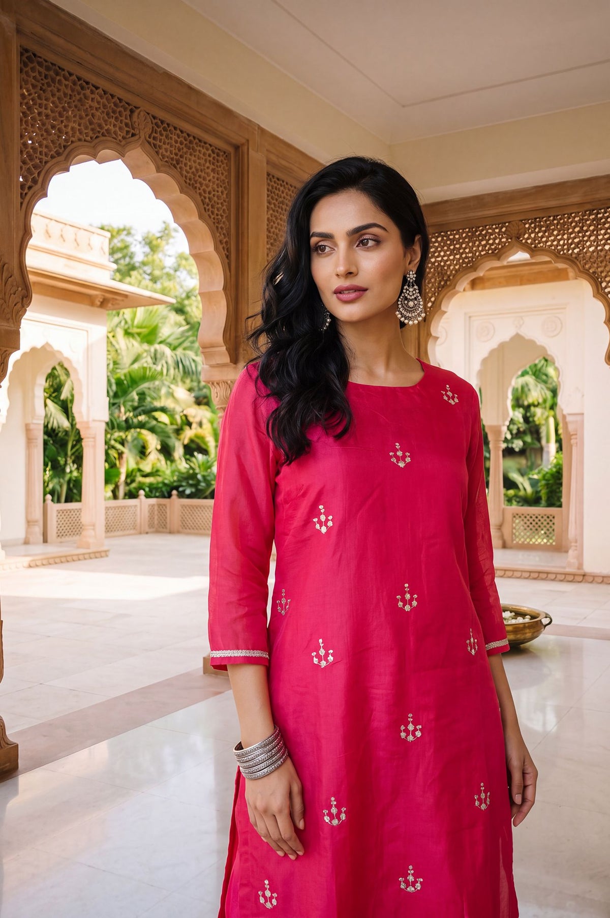 Pink Zari Embroidered Chanderi Straight Kurta with Straight Pants Set