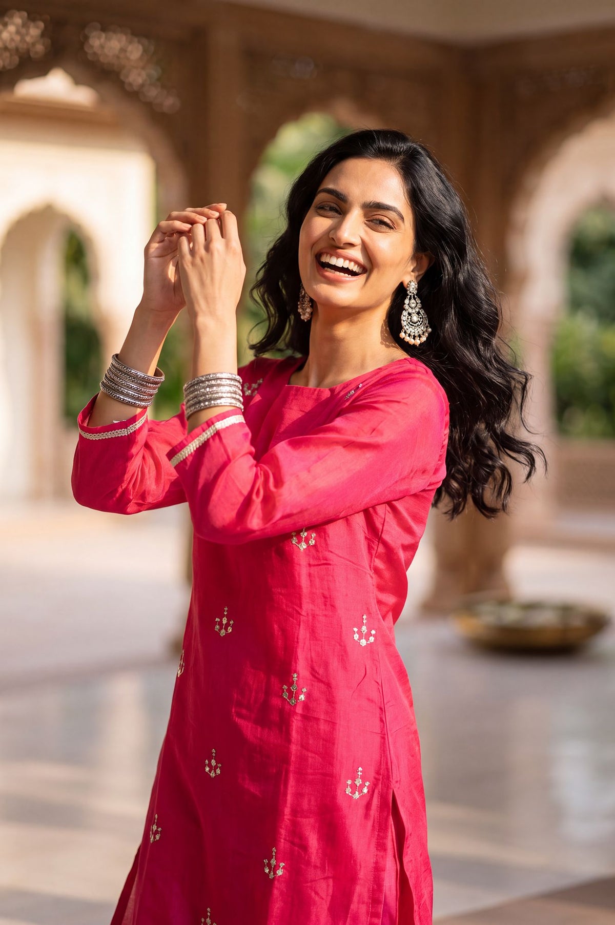 Pink Zari Embroidered Chanderi Straight Kurta with Straight Pants Set
