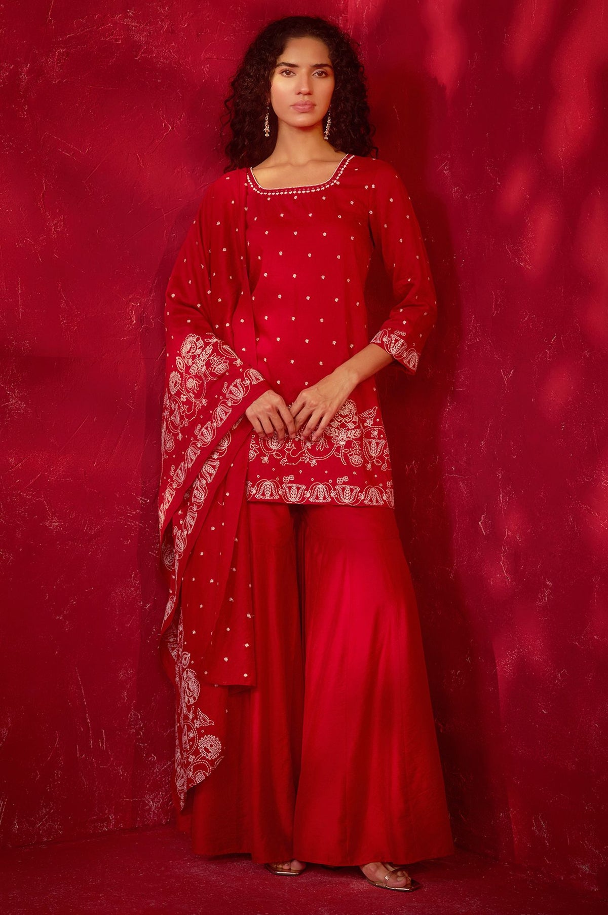 Red Thread Embroidered Straight Kurta with Sharara and Dupatta Set
