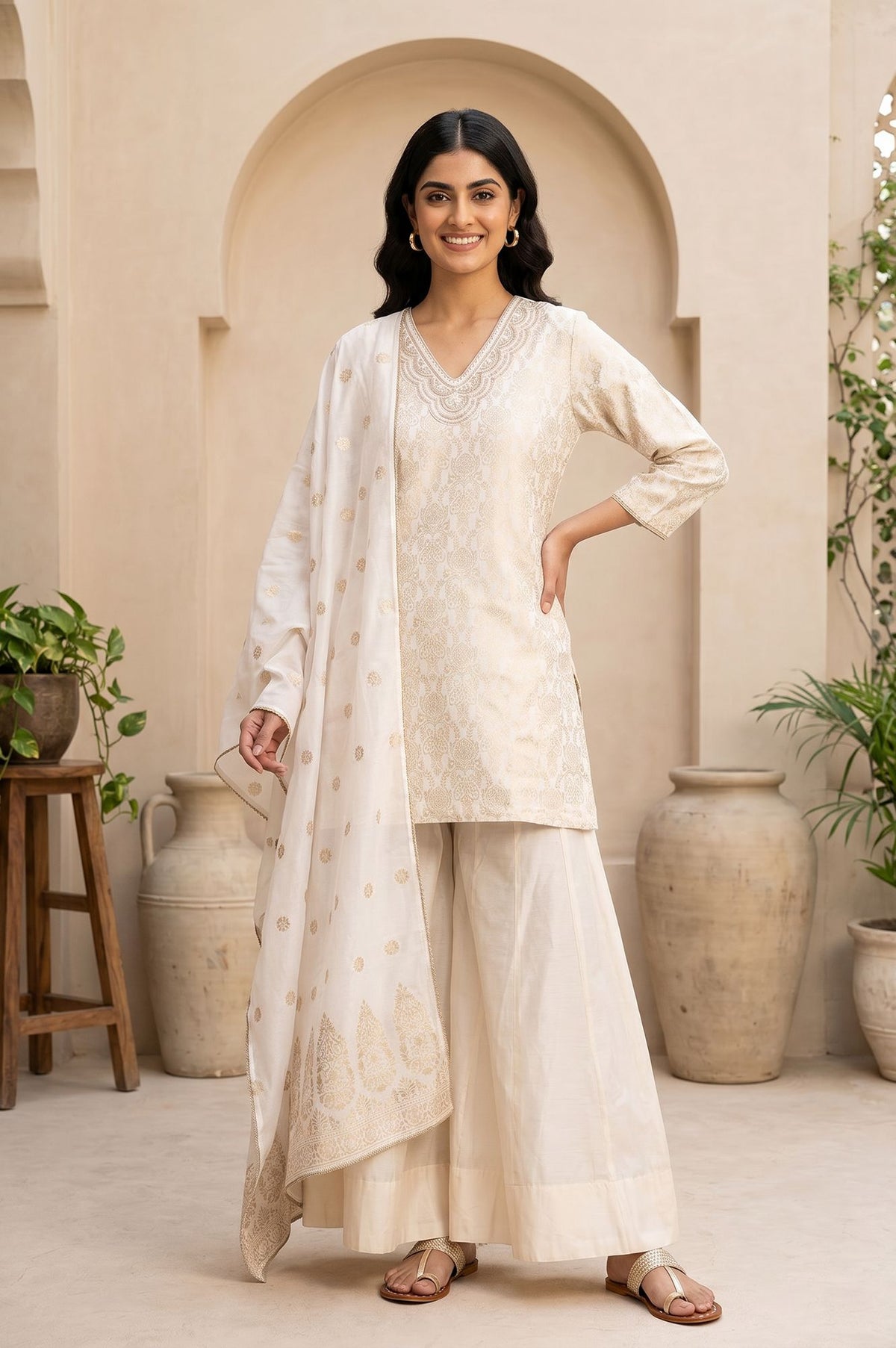 Off White Jacquard Mirror Work Kurta with Straight Pant and Dupatta Set