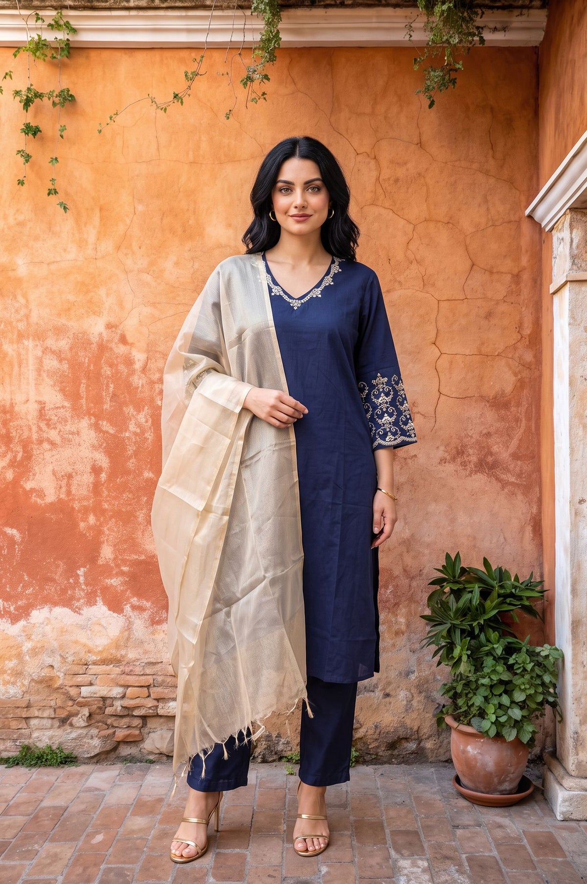 Navy Blue Embroidered Straight Kurta with Pants and Dupatta Set