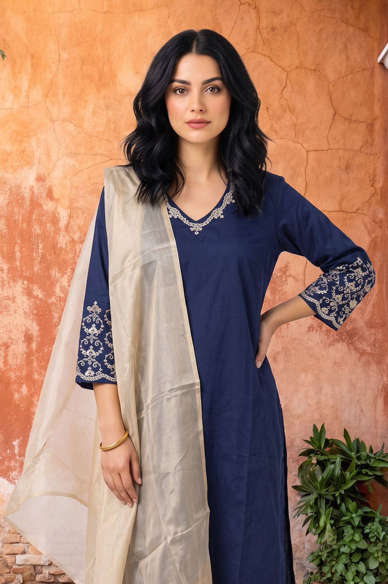 Navy Blue Embroidered Straight Kurta with Pants and Dupatta Set