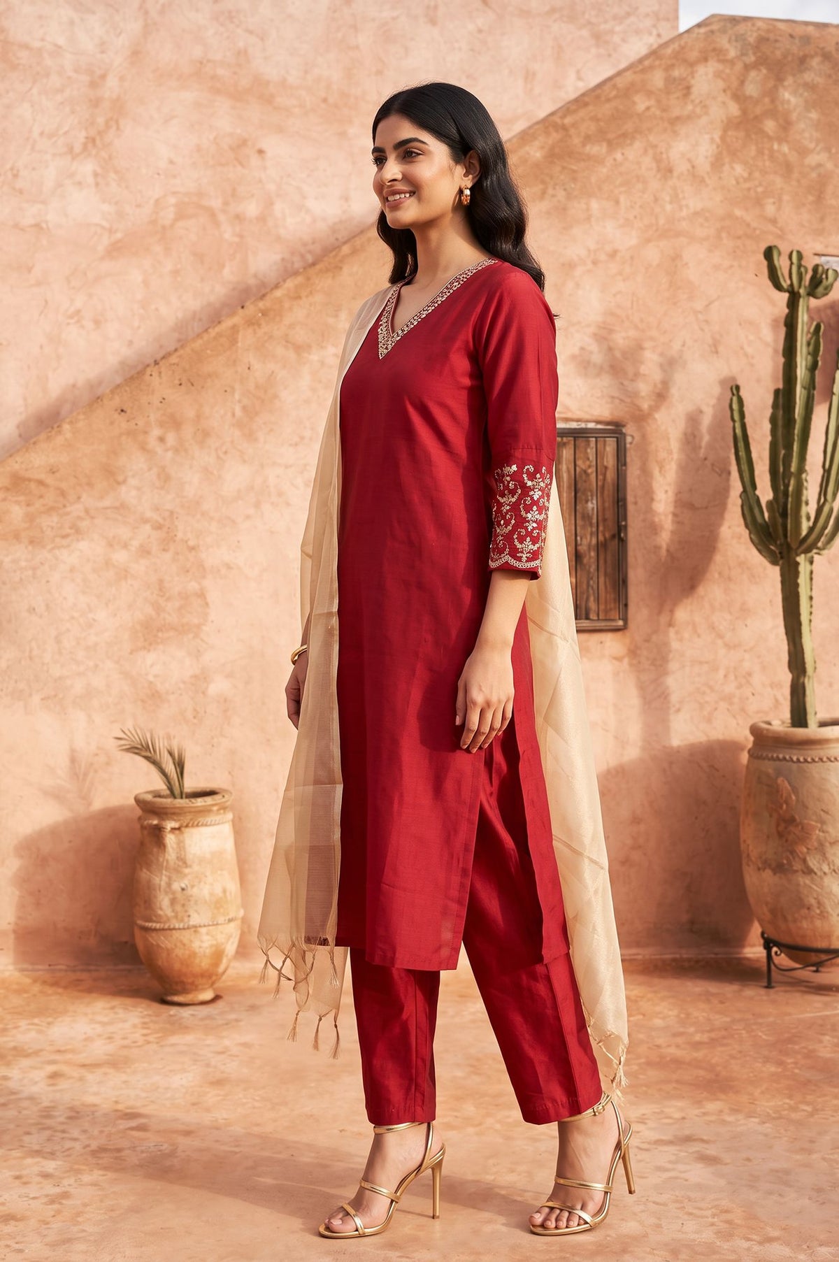 Maroon Embroidered Straight Kurta with Pants and Dupatta Set