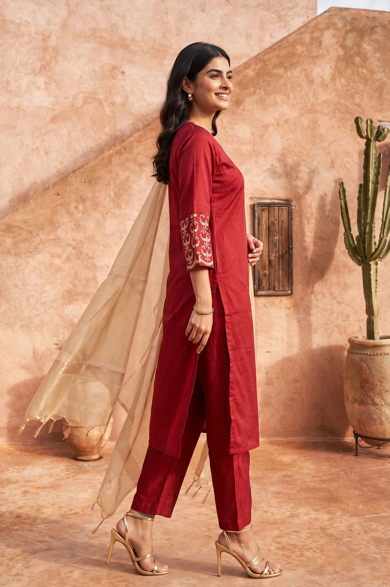 Maroon Embroidered Straight Kurta with Pants and Dupatta Set