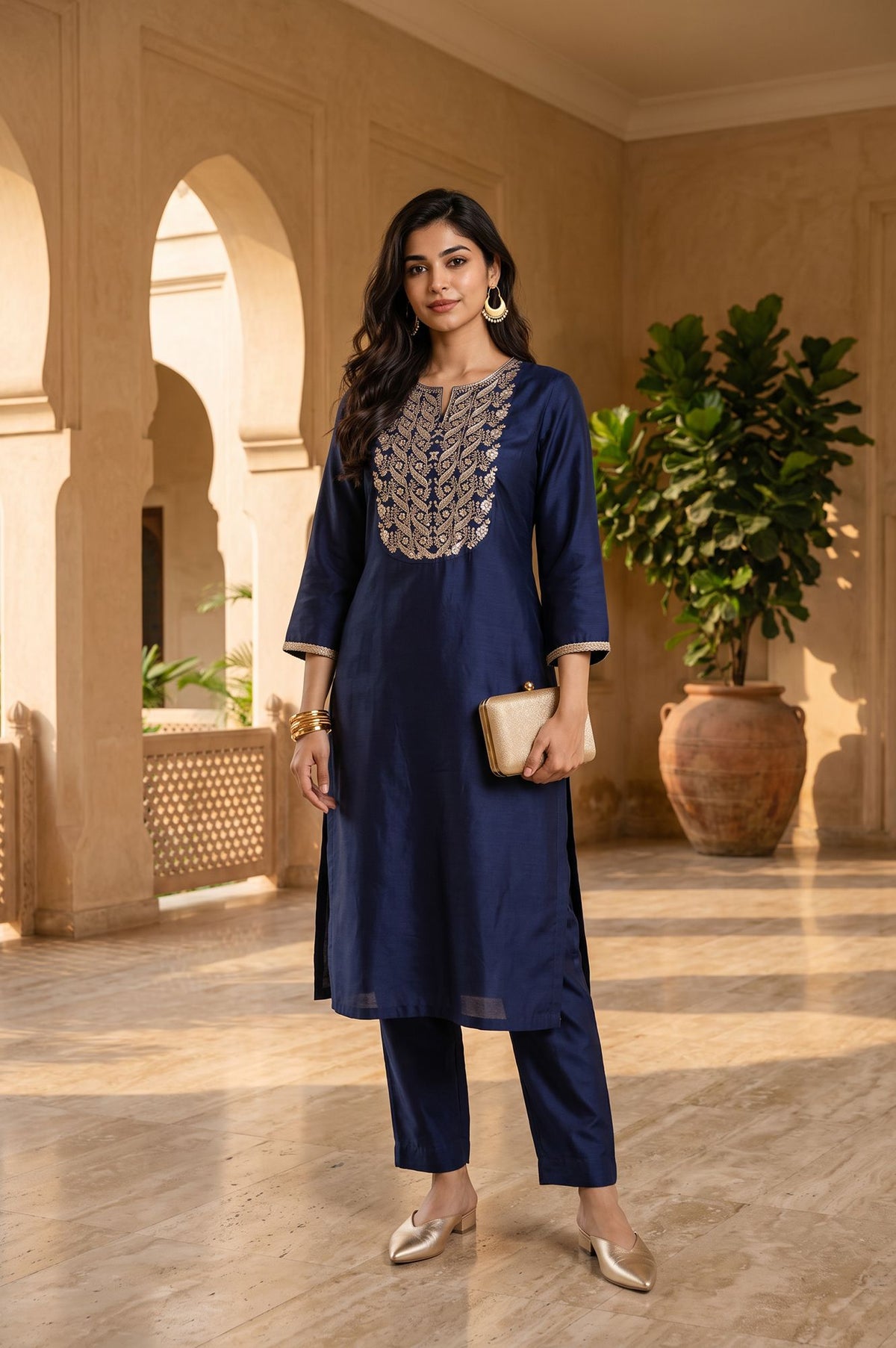 Navy Blue Zari Embroidered Straight Kurta with Straight Pants Set