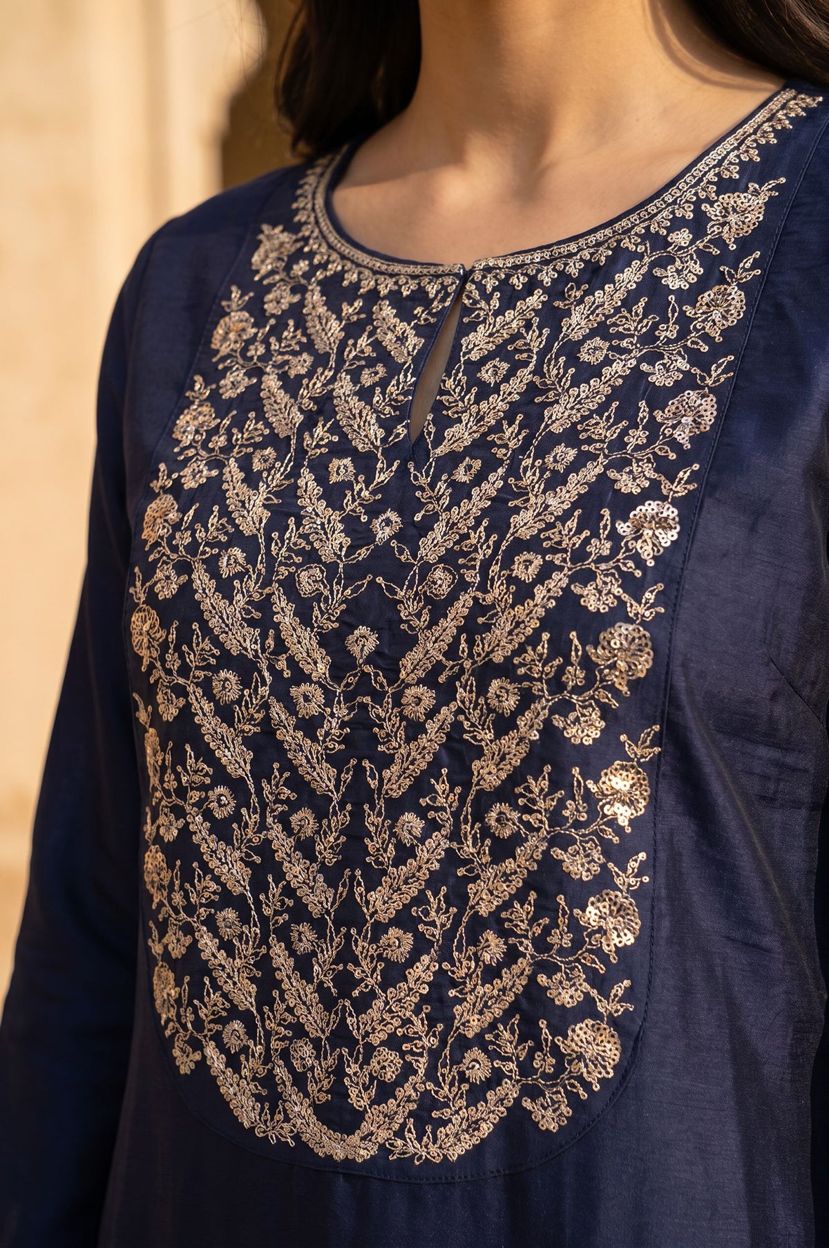 Navy Blue Zari Embroidered Straight Kurta with Straight Pants Set