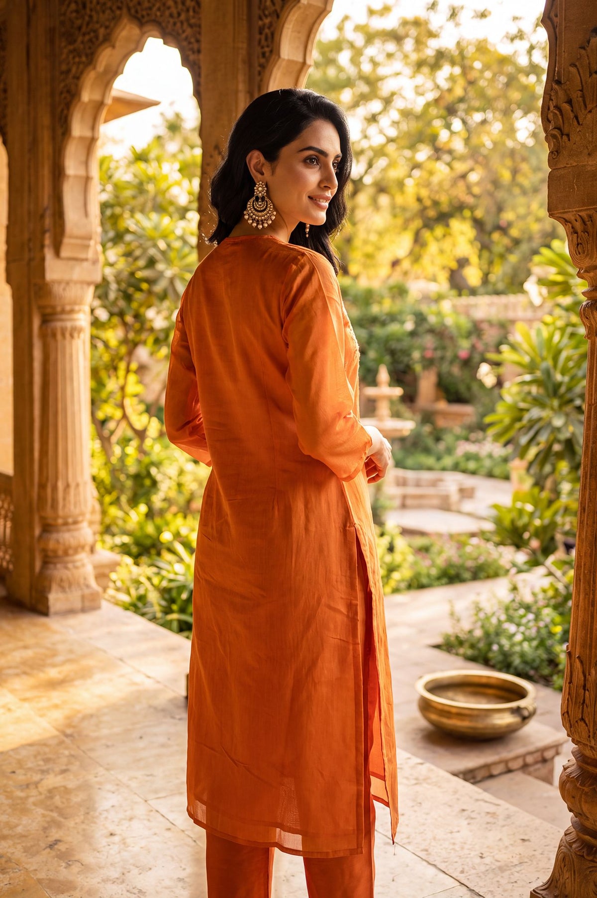 Orange Chanderi Straight Kurta Set with Zari Work & Straight Pants