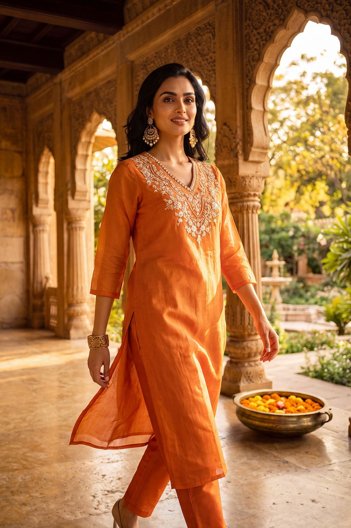 Orange Chanderi Straight Kurta Set with Zari Work & Straight Pants