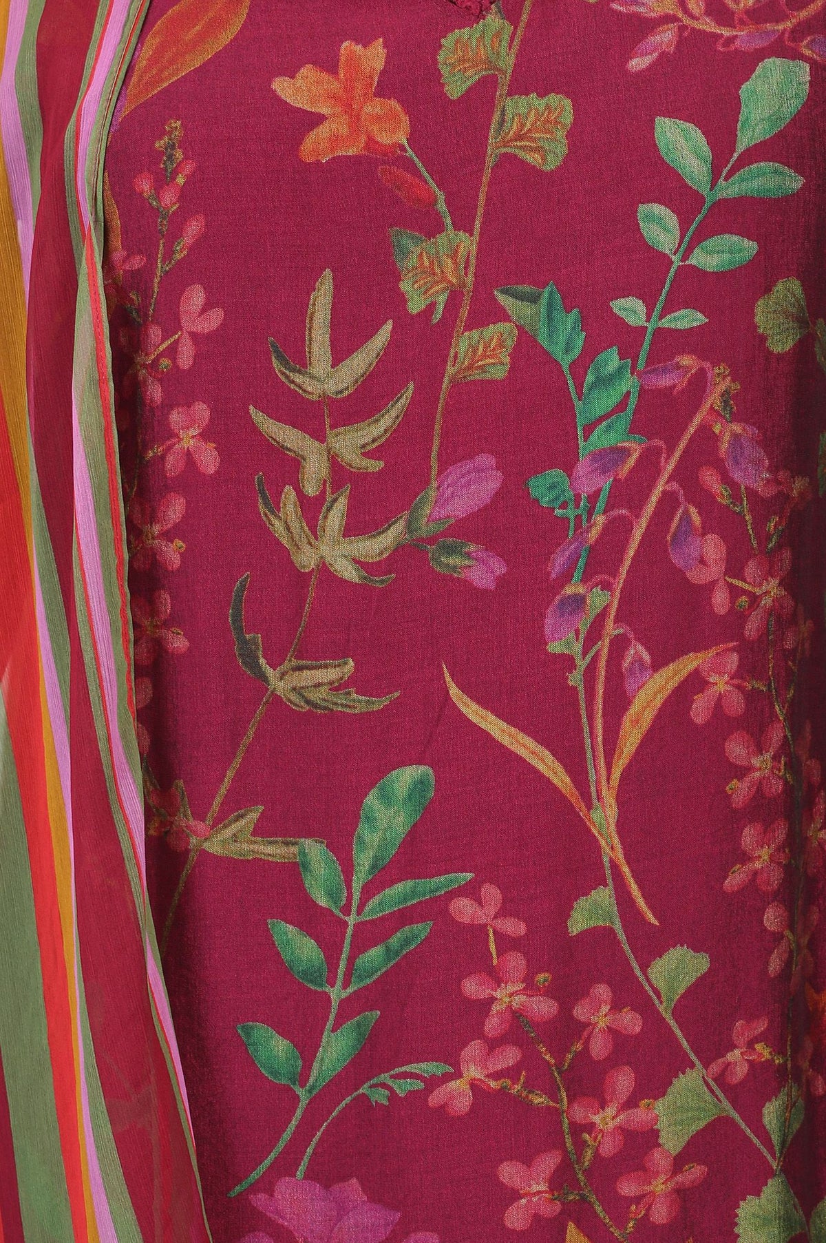 Wine Floral Printed Crepe Straight Kurta with Pants and Dupatta Set