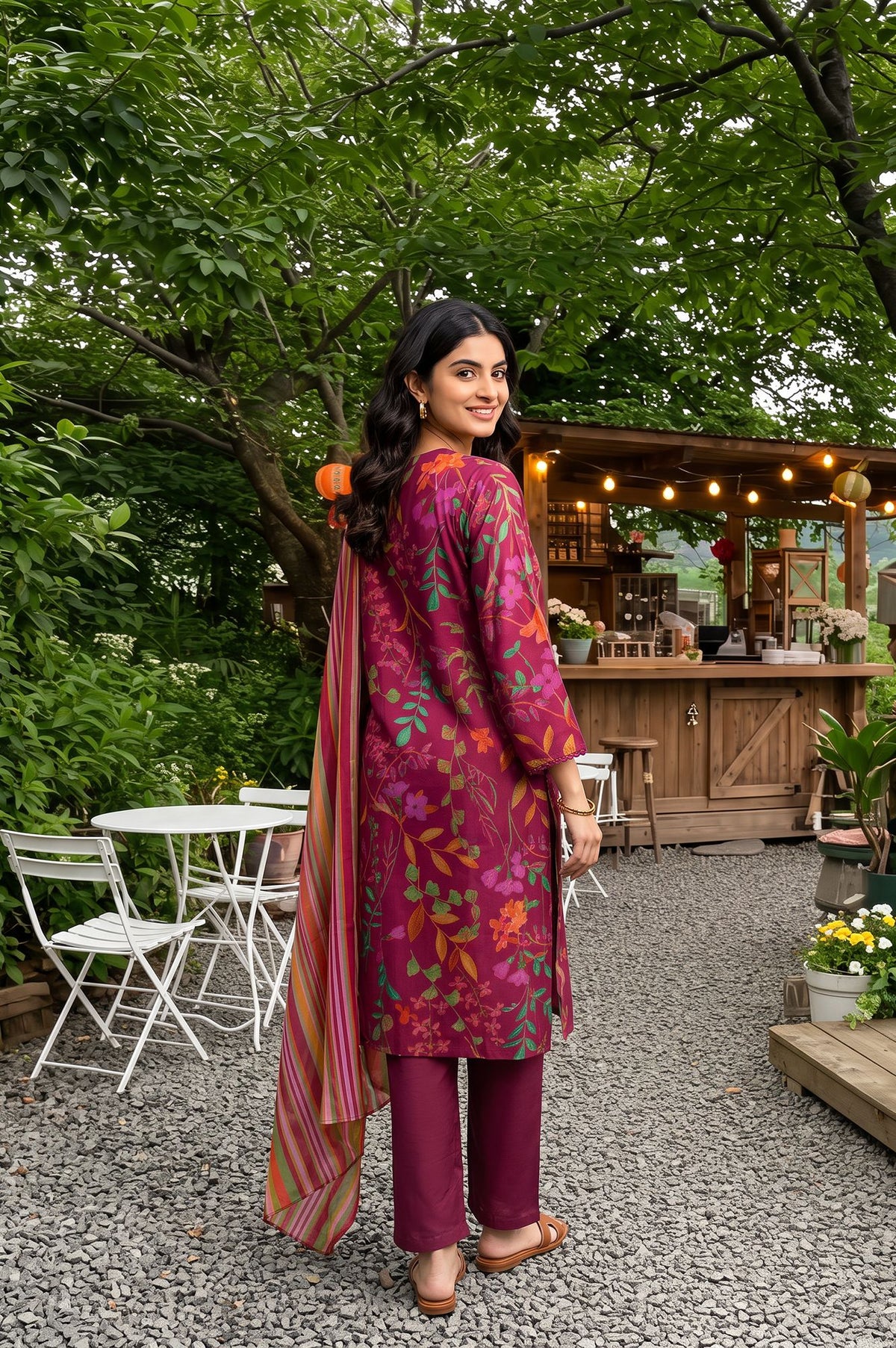 Wine Floral Printed Crepe Straight Kurta with Pants and Dupatta Set