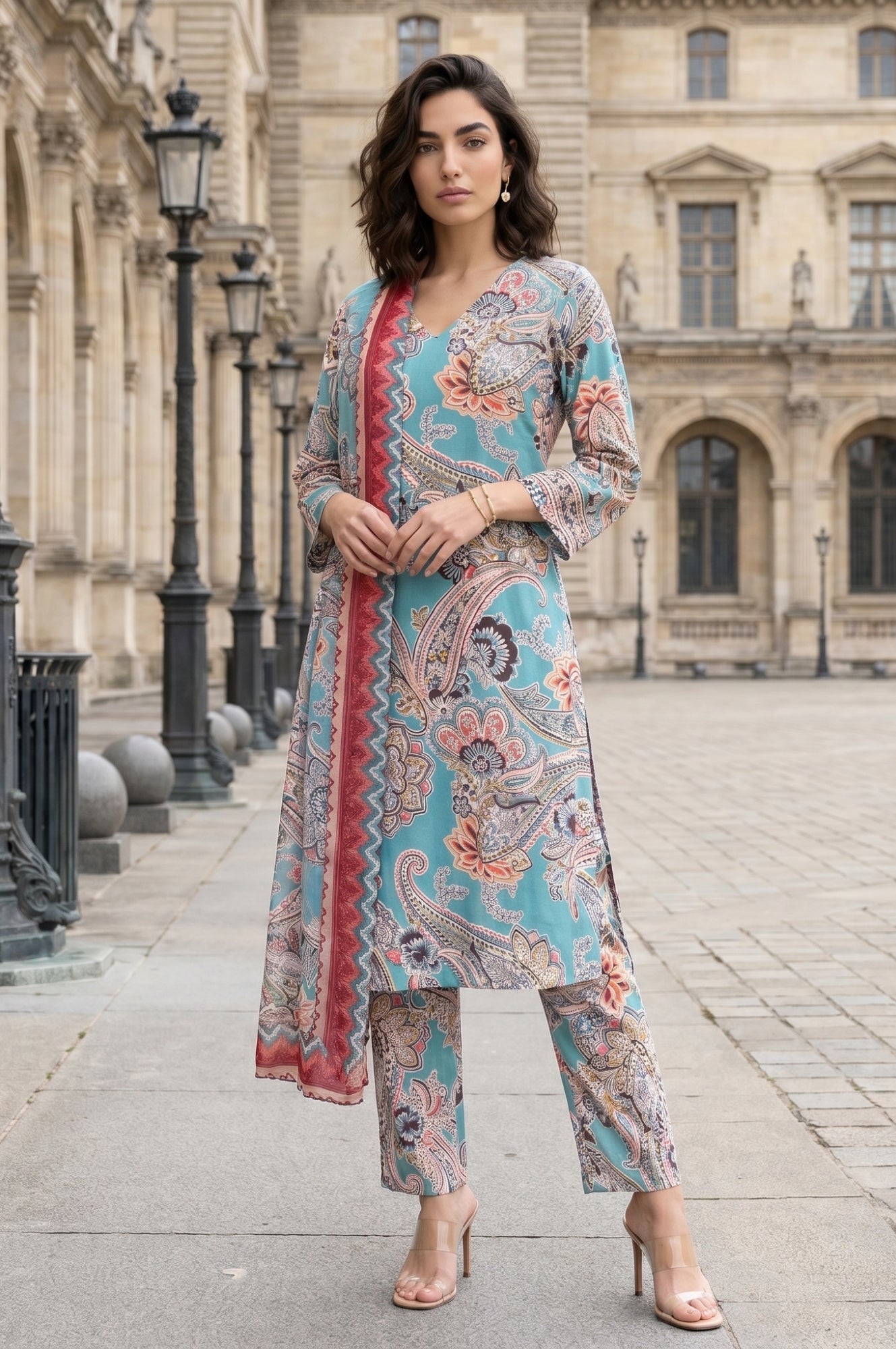 Teal Paisley Printed Rayon Straight Kurta with Pants and Dupatta Set