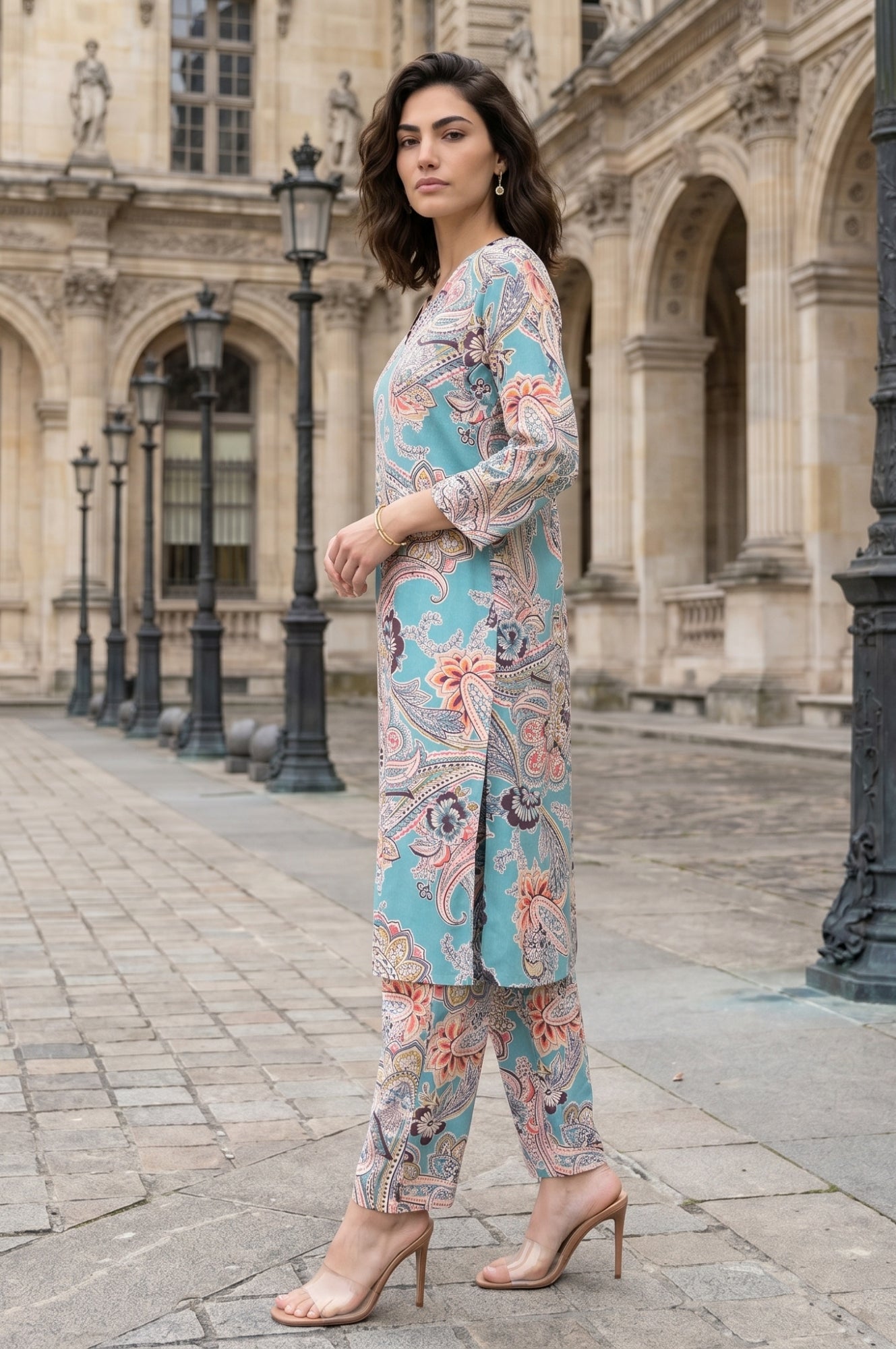 Teal Paisley Printed Rayon Straight Kurta with Pants and Dupatta Set