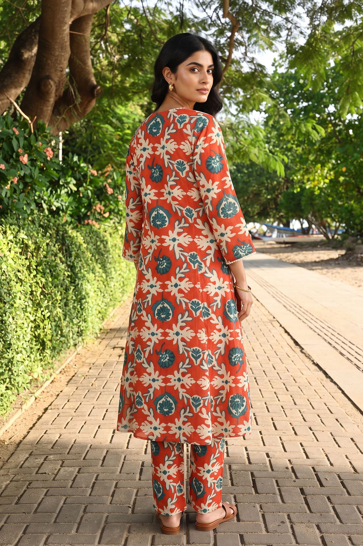 Rust Floral Printed Pure Cotton Straight Kurta with Pants Co-ord Set