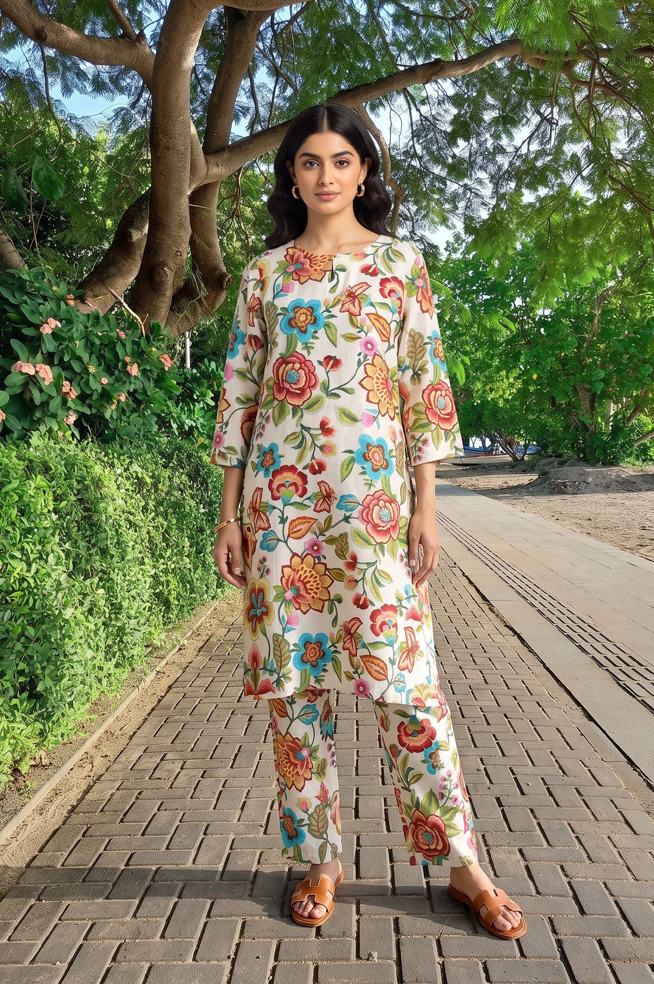 Off White Floral Printed Straight Kurta with Pants Co-ord Set