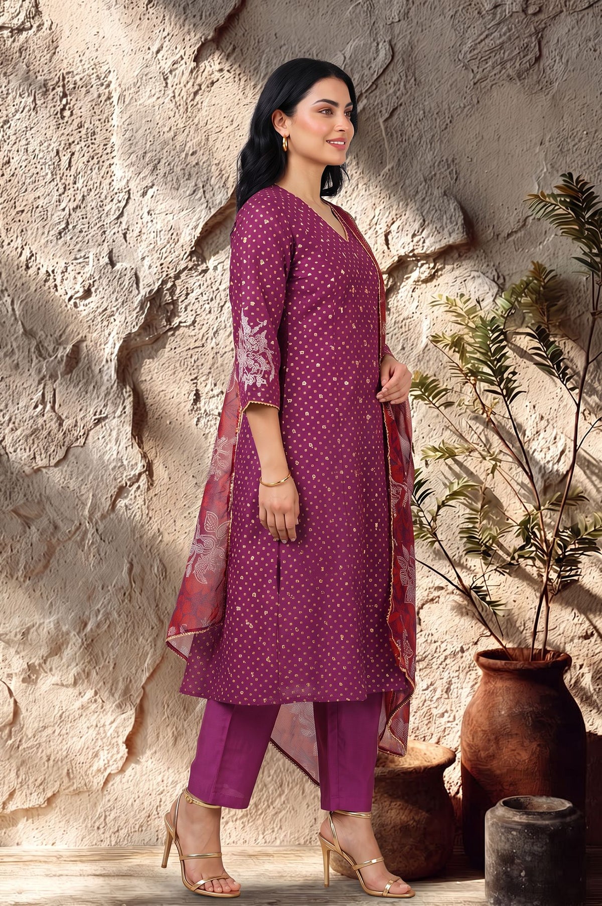 Purple Embroidered Chanderi Straight Kurta with Pants and Dupatta Set
