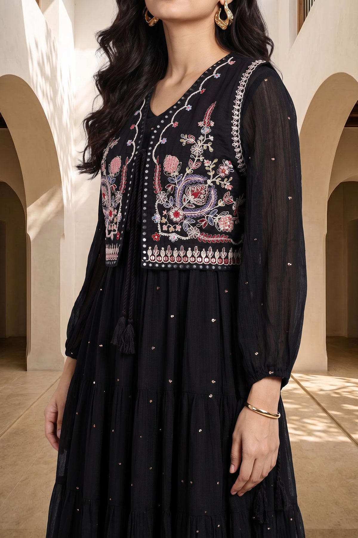 Black Embroidered Flared Dress with Short Jacket