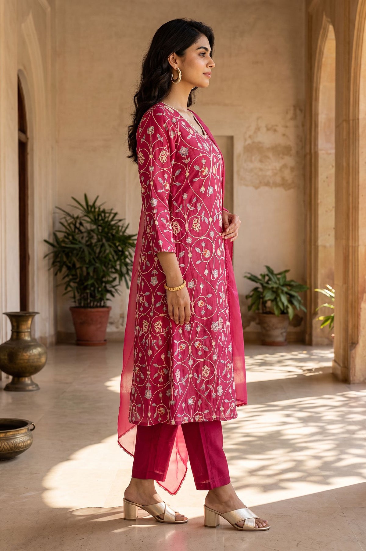 Magenta Embroidered Chanderi Straight Kurta with Straight Pants and Dupatta Set