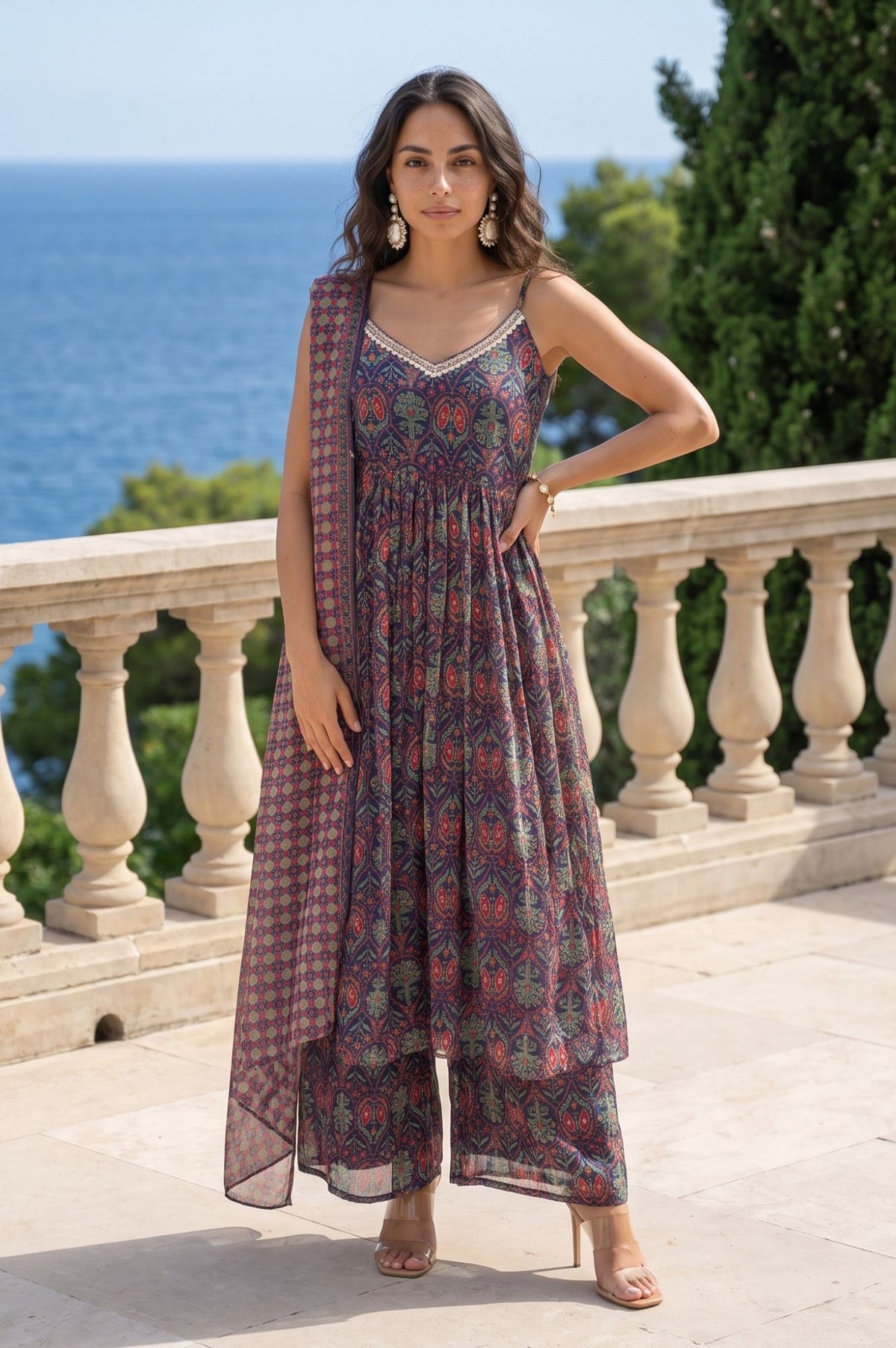 Navy Blue Ikat Printed Lace Chiffon Sleeveless Flared Kurta with Flared Pant and Dupatta Set