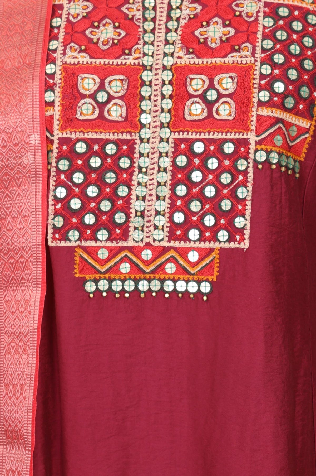 Maroon Mirror Work Straight Kurta with Straight Pants and Dupatta Set