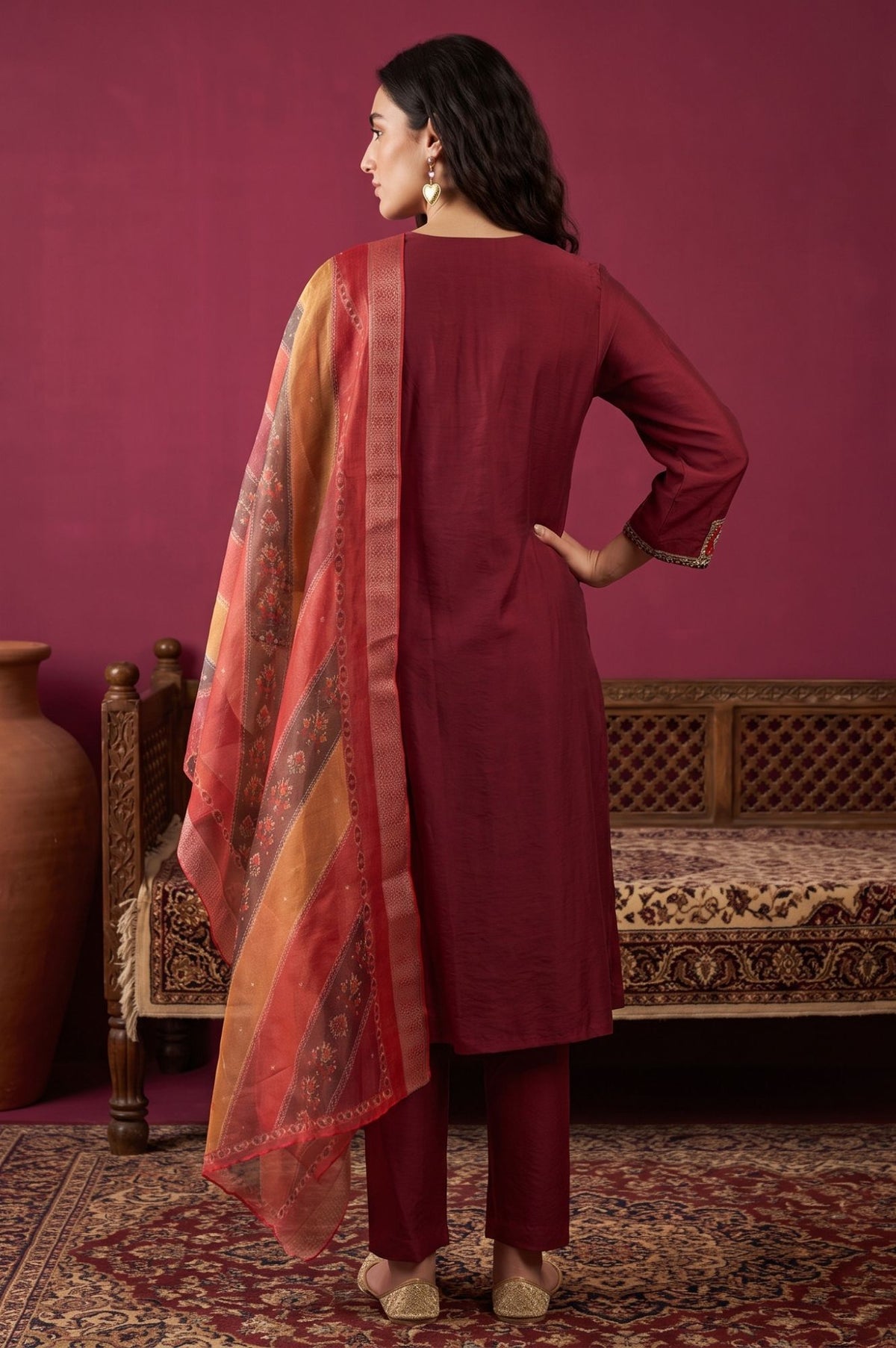 Maroon Mirror Work Straight Kurta with Straight Pants and Dupatta Set