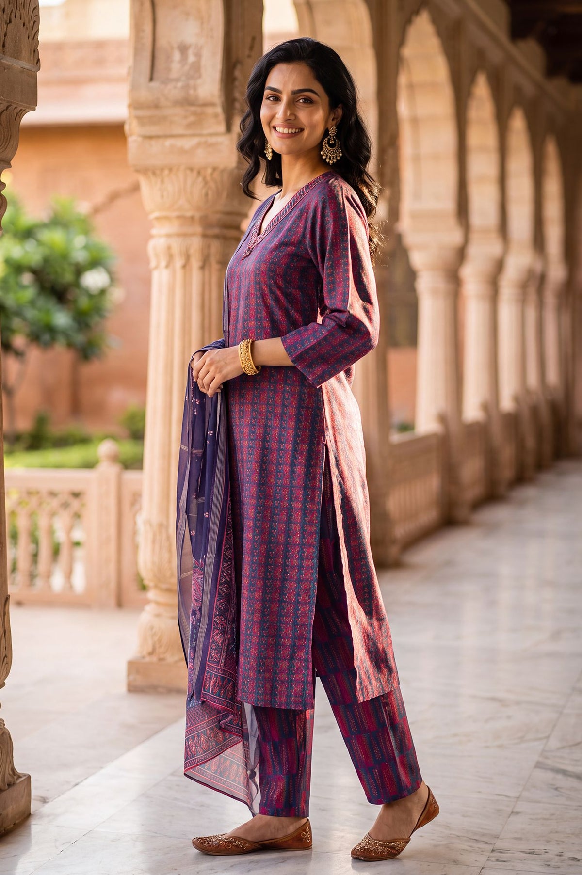 Navy Blue Striped Crepe Straight Kurta with Straight Pants and Dupatta Set