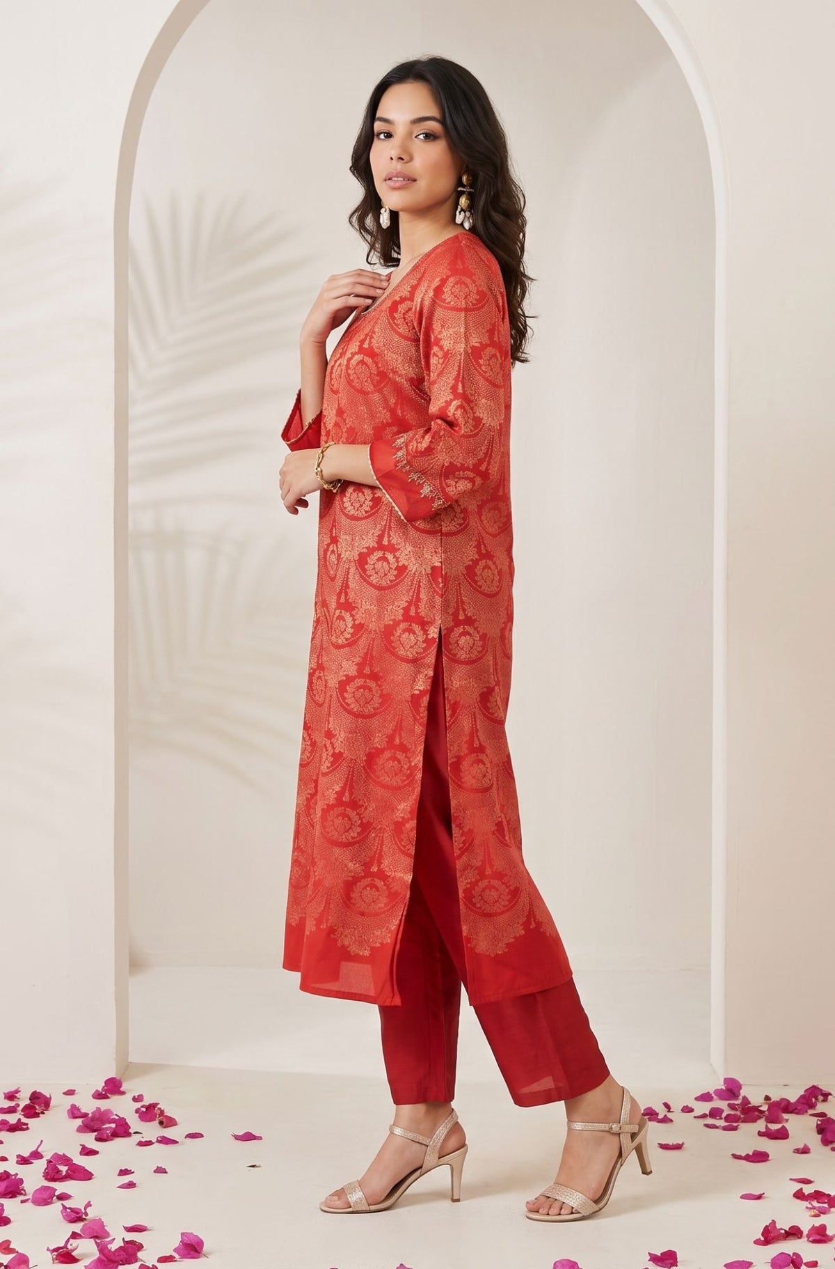 Red Zari Embroidered Jacquard Straight Kurta with Pants and Dupatta Set