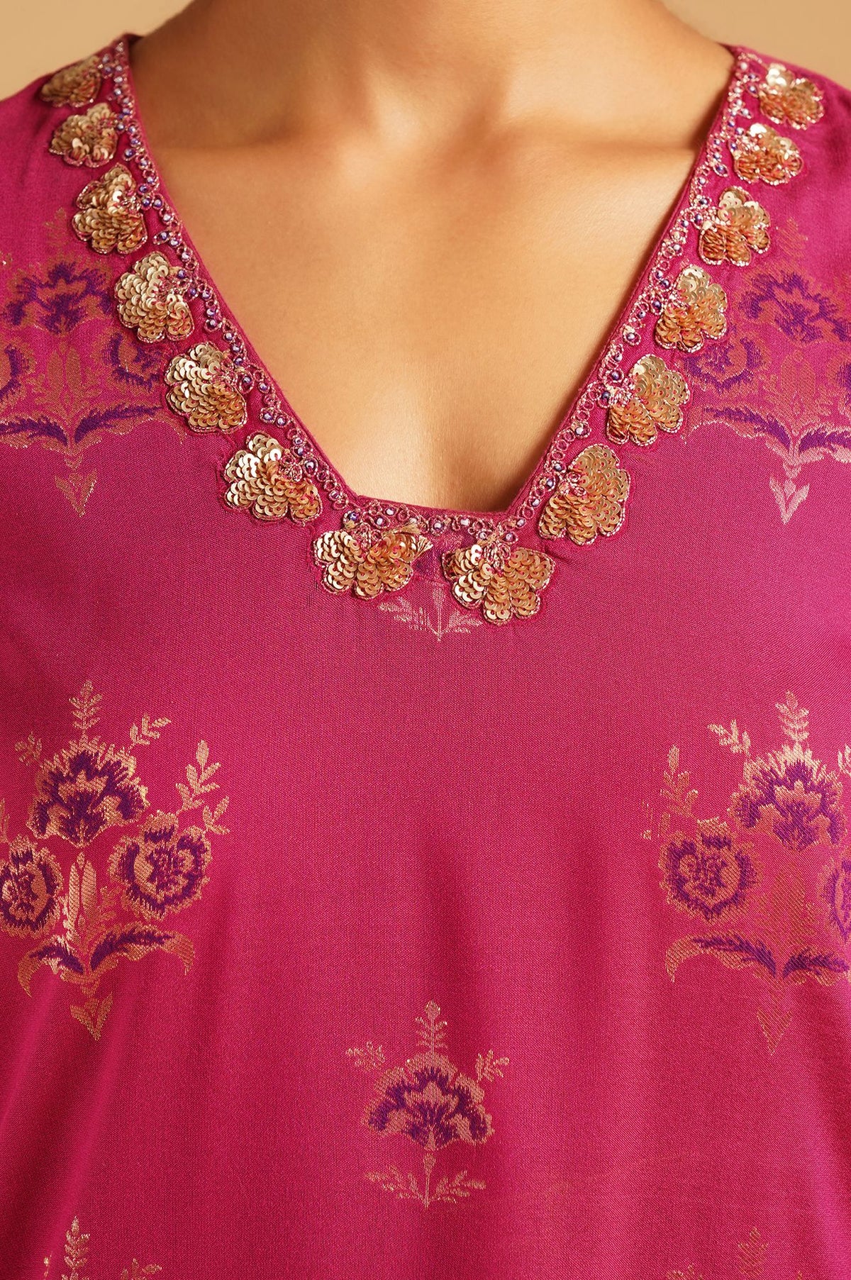 Magenta Sequins Yarn Dyed Jacquard Straight Kurta with Pants and Dupatta Set