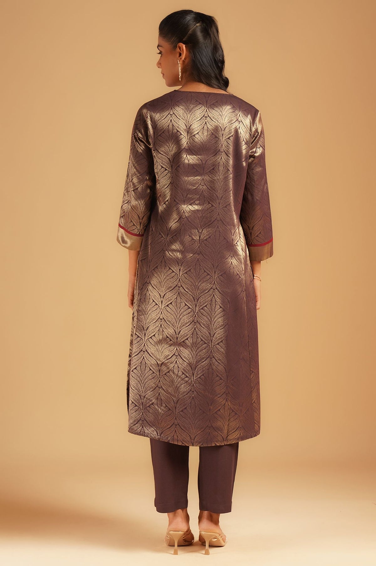 Purple Printed Sequins Jacquard Straight Kurta with Pants and Dupatta Set