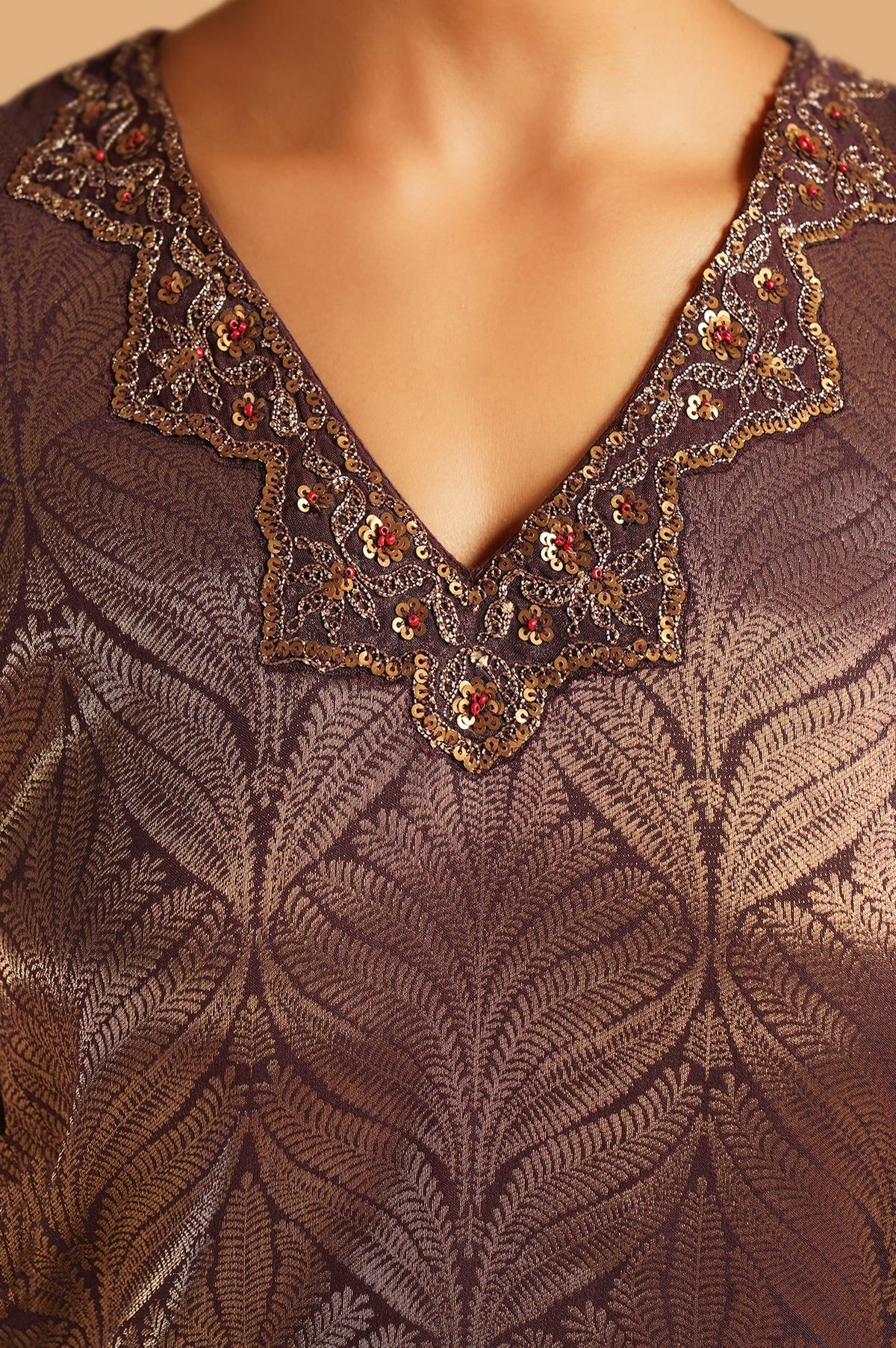 Purple Printed Sequins Jacquard Straight Kurta with Pants and Dupatta Set