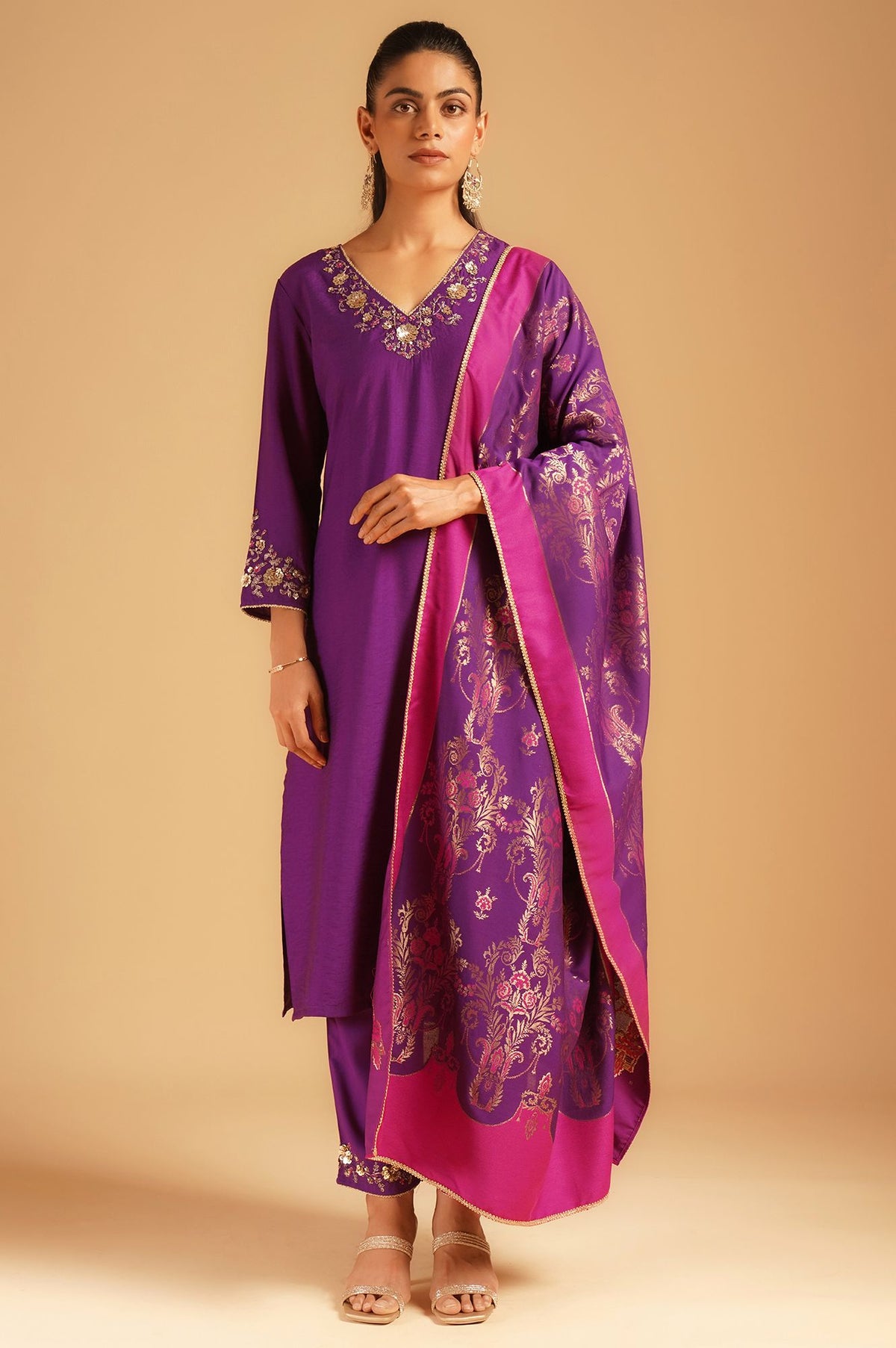 Purple Sequins Embroidered Straight Kurta with Straight Pants and Dupatta Set