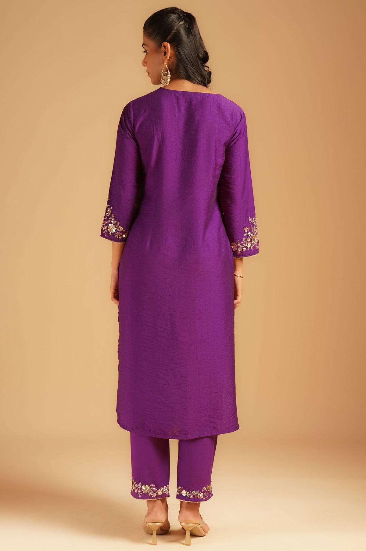 Purple Sequins Embroidered Straight Kurta with Straight Pants and Dupatta Set
