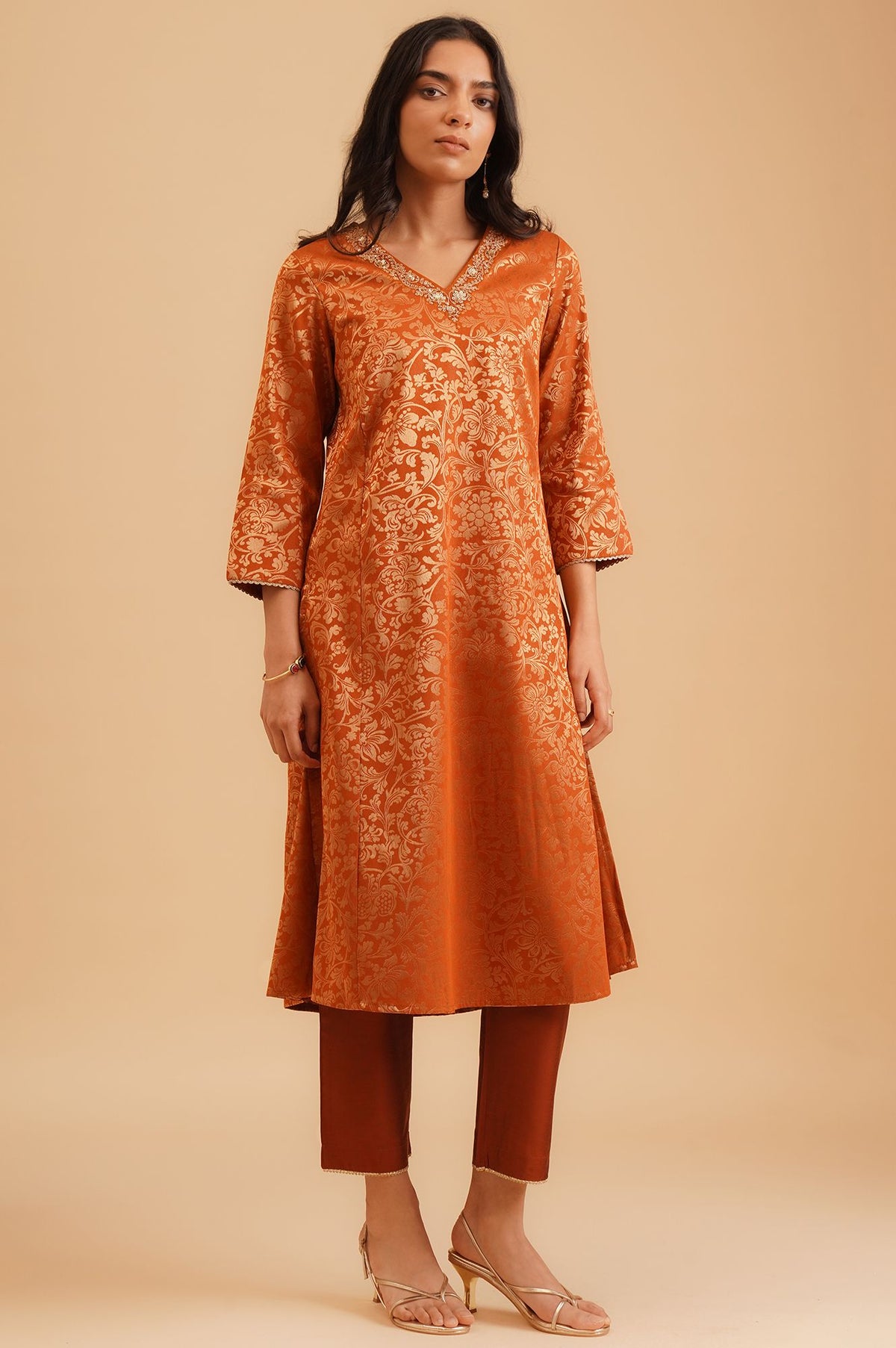 Rust Textured Sequins Yarn Dyed Jacquard Straight Kurta with Straight Pants and Dupatta Set