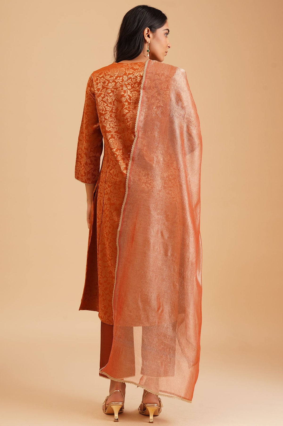 Rust Textured Sequins Yarn Dyed Jacquard Straight Kurta with Straight Pants and Dupatta Set