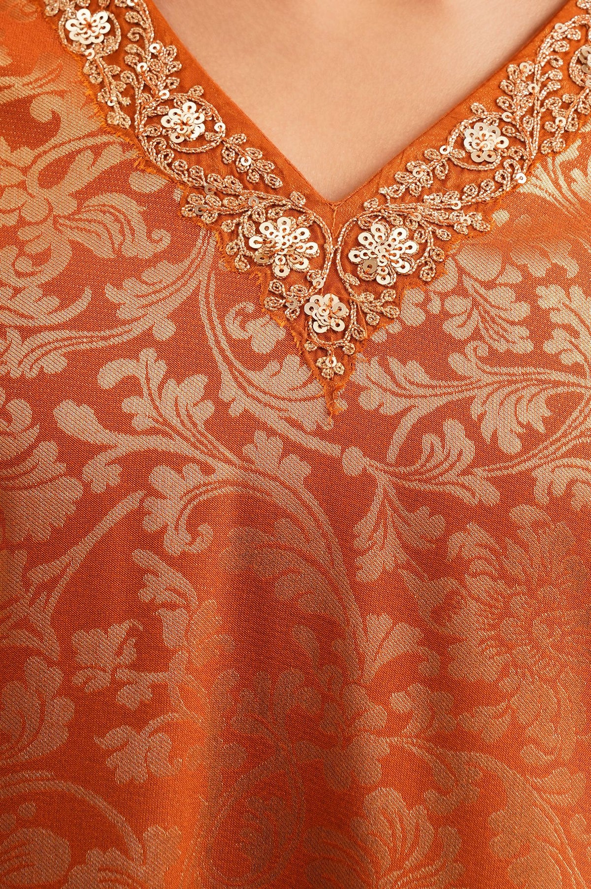 Rust Textured Sequins Yarn Dyed Jacquard Straight Kurta with Straight Pants and Dupatta Set