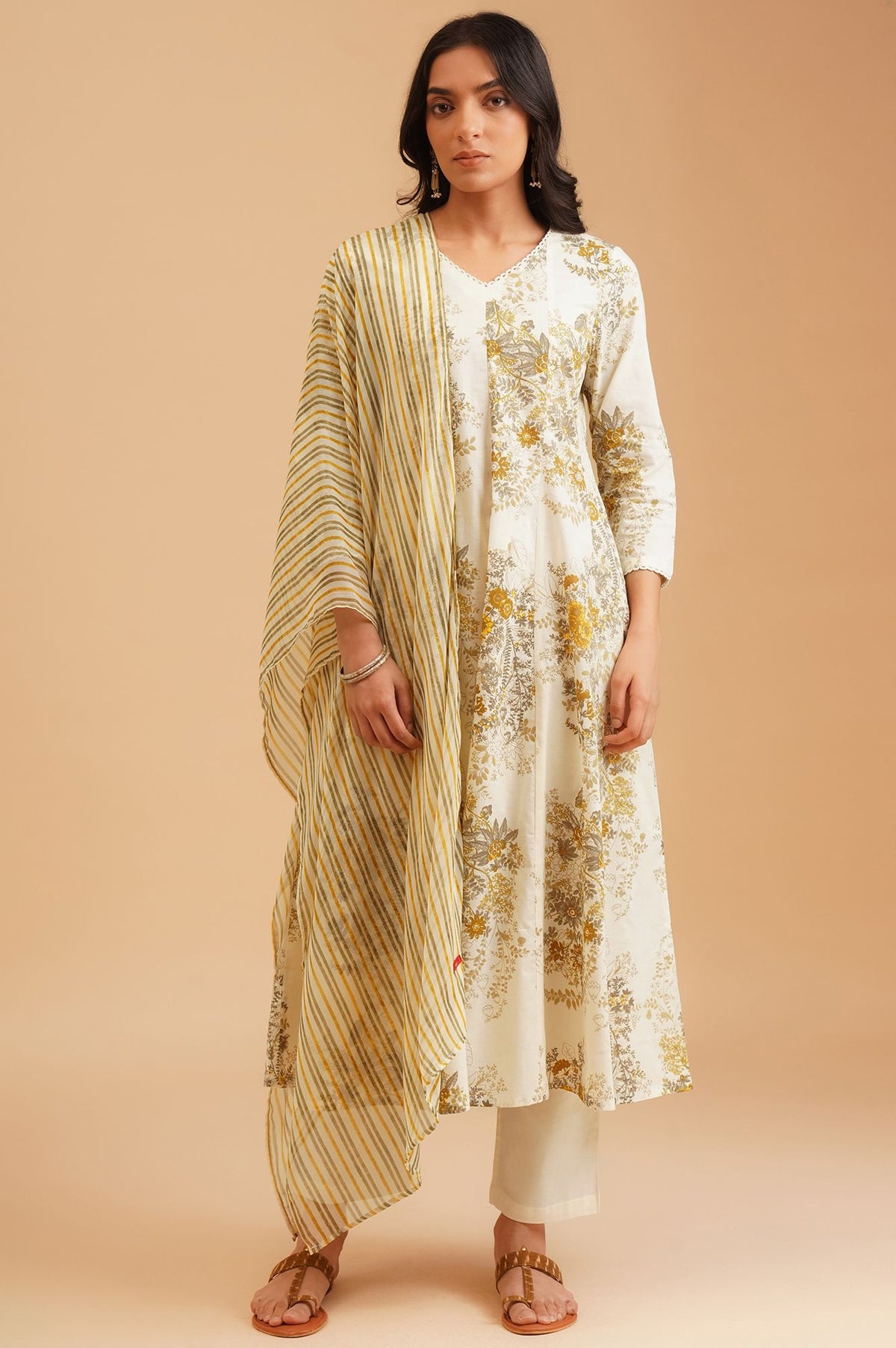 Off White Floral Printed Lace Pure Cotton A-line Kurta with Straight Pants and Dupatta Set