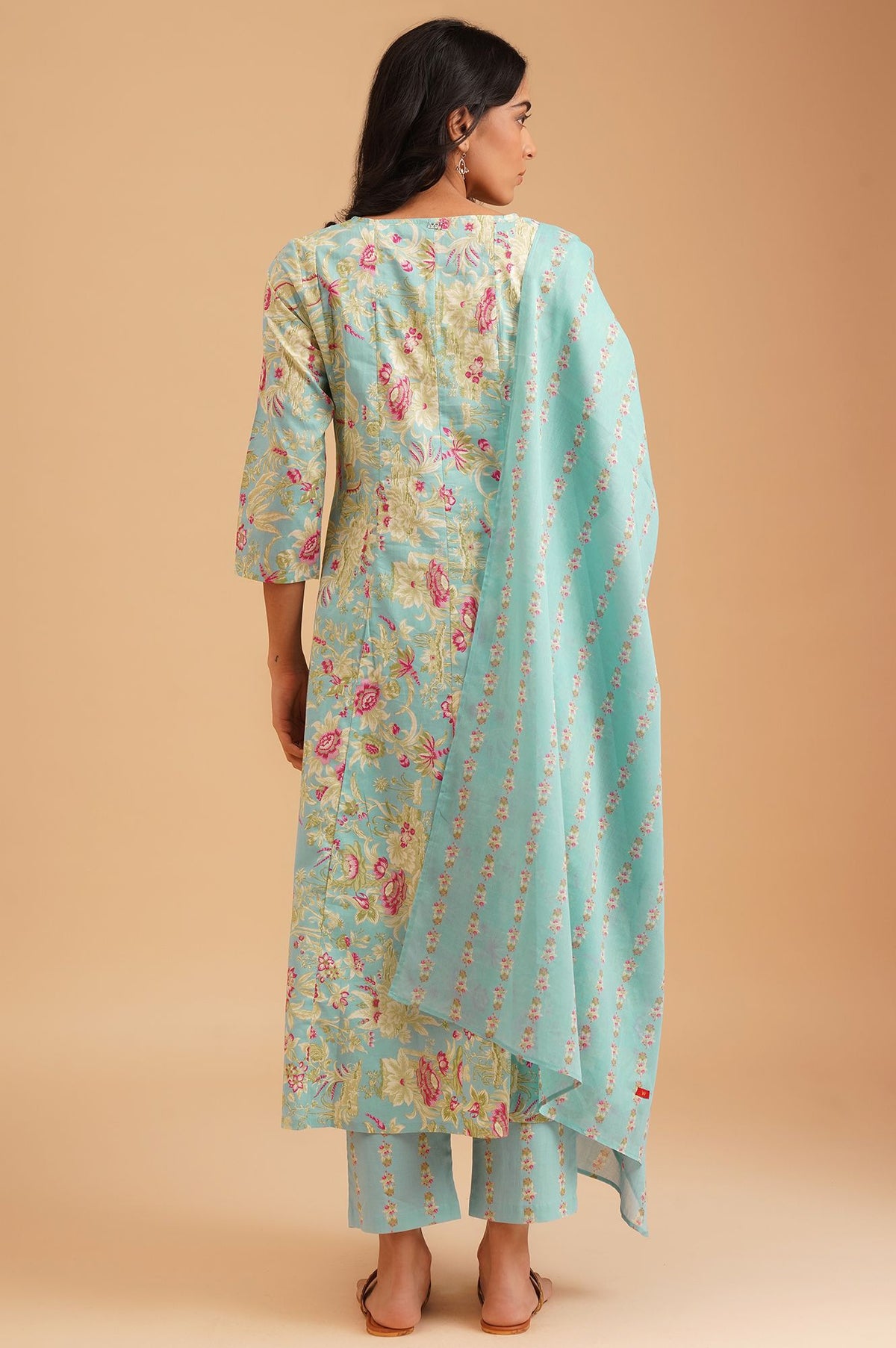 Turquoise Blue Floral Printed Pure Cotton A-line Kurta with Straight Pants and Dupatta Set