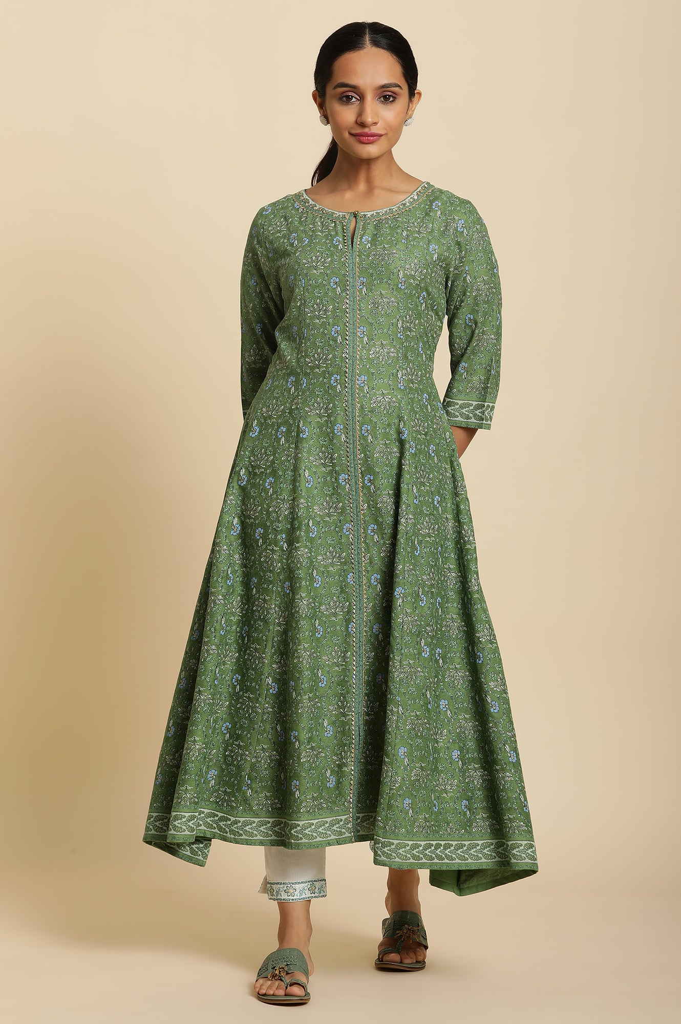 Green Floral Printed Embroidered Anarkali Kurta with Straight Pant Set